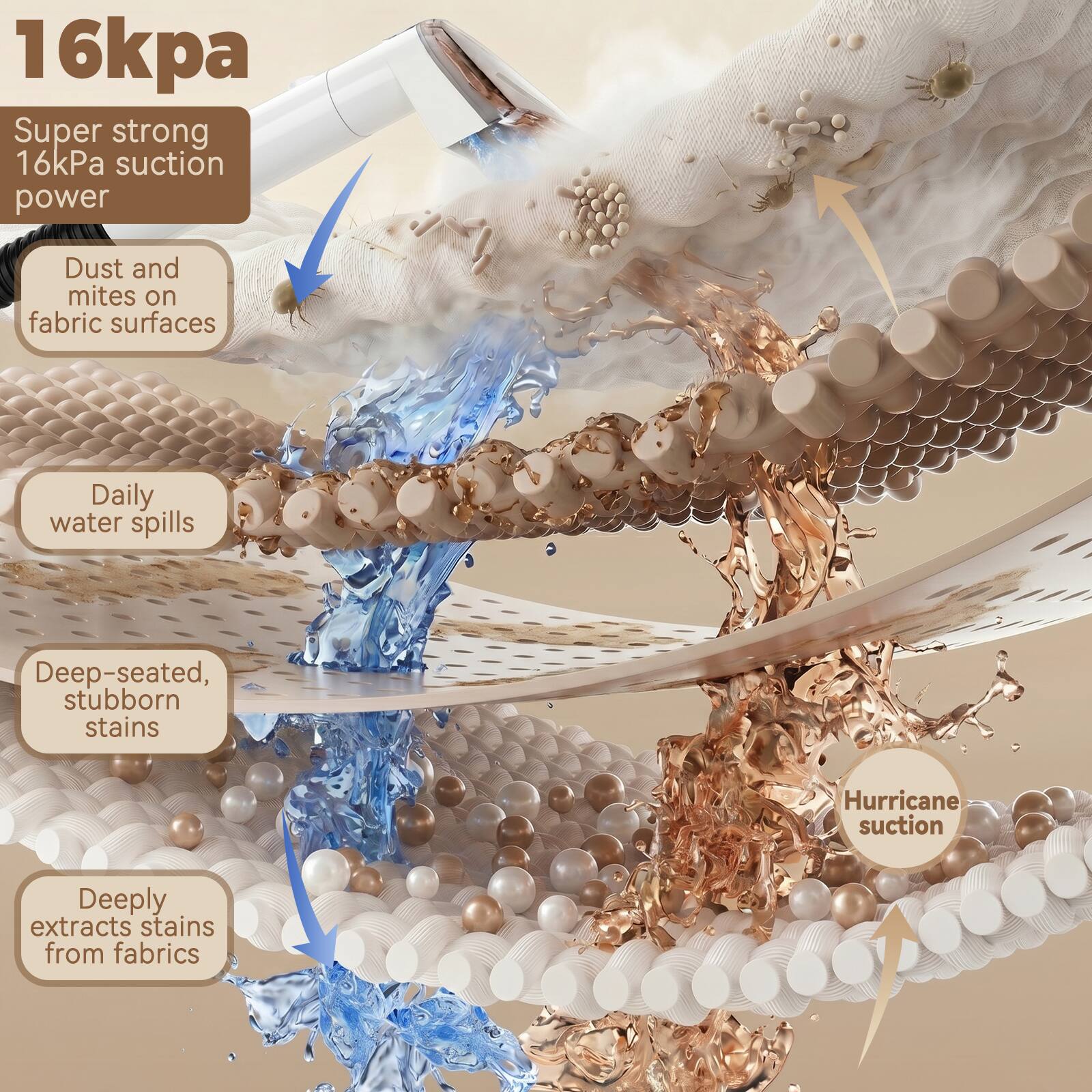 16kPa  
Super strong 16kPa suction power  
Dust and mites on fabric surfaces  
Daily water spills  
Deep-seated, stubborn stains  
Hurricane suction  
Deeply extracts stains from fabrics