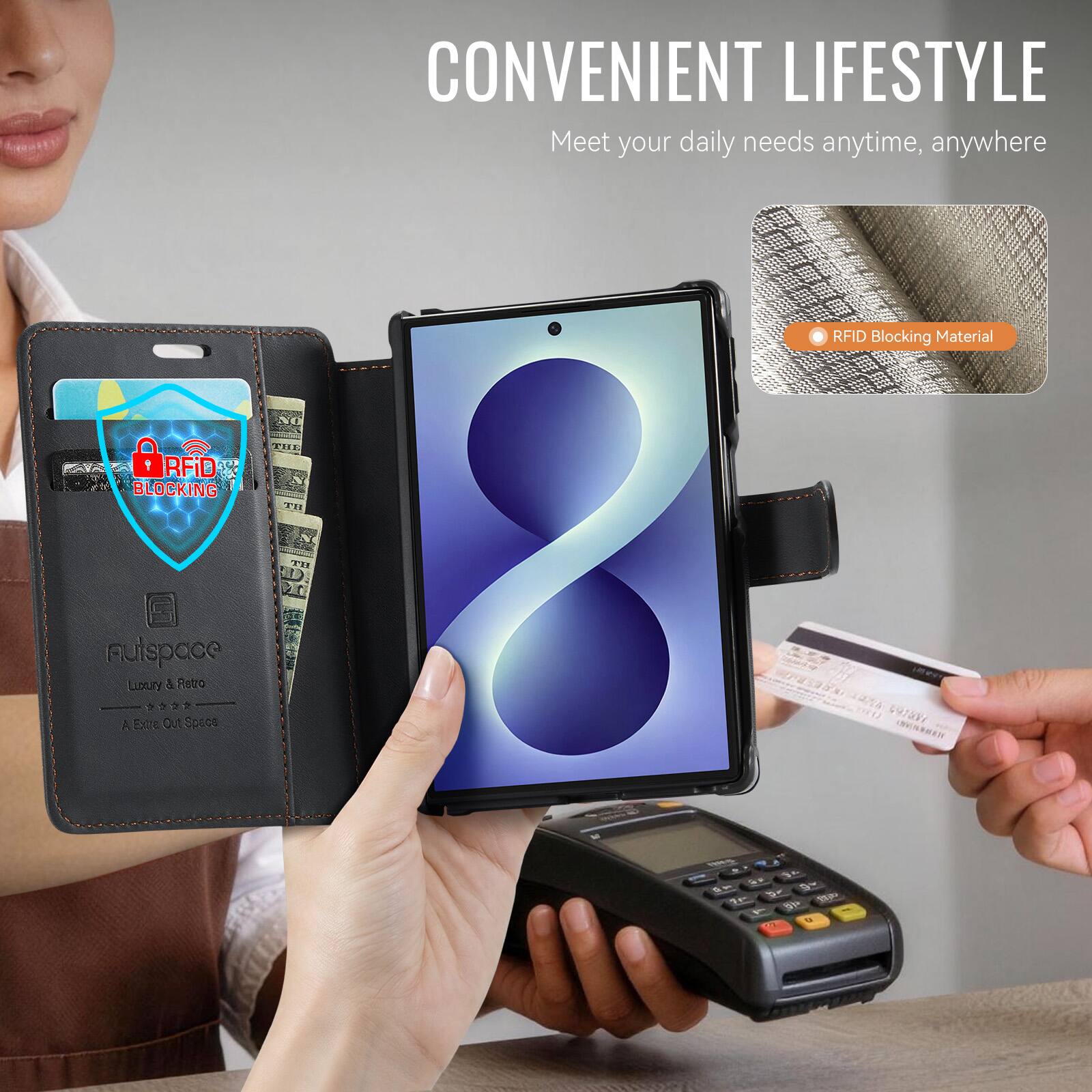 CONVENIENT LIFESTYLE  
Meet your daily needs anytime, anywhere

RFID Blocking Material

RFiD BLOCKING

THE TB

Aulspace Luxury Retro A Extra Out Space

VOTAMI

RMS C G E 7g- 677 U