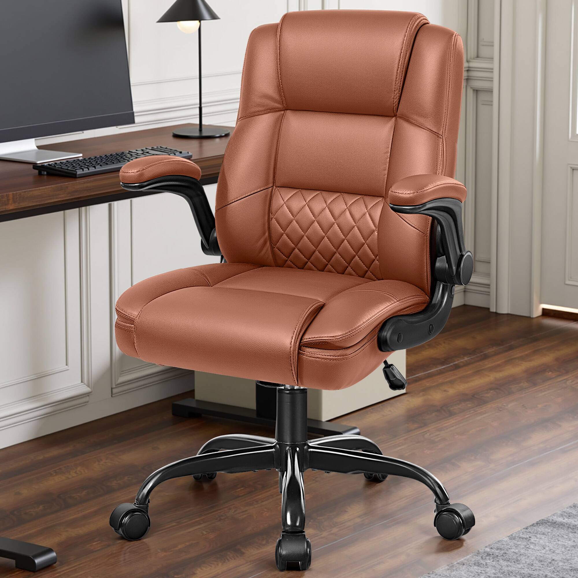 Alt View 4. KERDOM - PU Leather Office Chair with Lumbar Support, Home Office Computer Chair, Flip-up Arms, Swivel Small Desk Chair, Tilt - Brown.