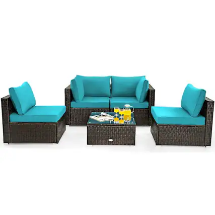 Front. Kadyn - 5 Pcs Cushioned Patio Rattan Furniture Set with Glass Table-Turquoise, Patio Seating Conversation - Blue.