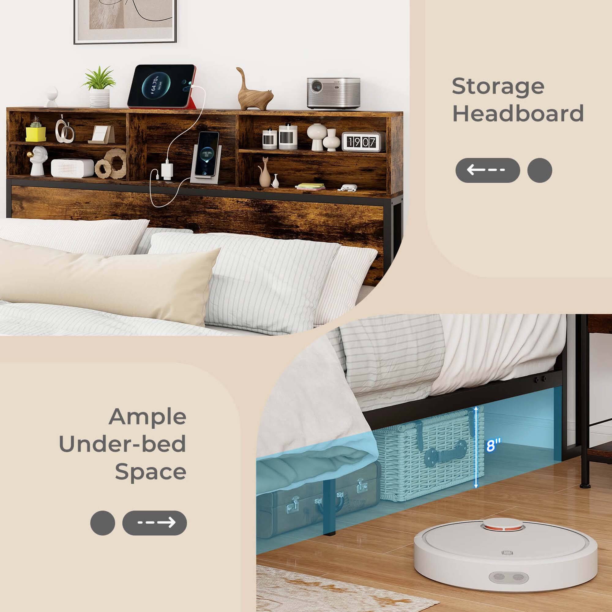 The text on the image is grouped as follows:

1. Storage Headboard: This refers to the wooden headboard with shelves and storage compartments.
2. Ample Under-bed Space: This suggests that there is enough space under the bed for additional storage or other purposes.
3. 8" Bed: This indicates that the bed is 8 inches deep, which can provide extra comfort and storage options.

The image features a bedroom with a bed, a storage headboard, and a robotic vacuum cleaner. The storage headboard has shelves and storage compartments, providing ample under-bed space for various items or purposes. The bed is 8 inches deep, offering additional comfort and storage options.
