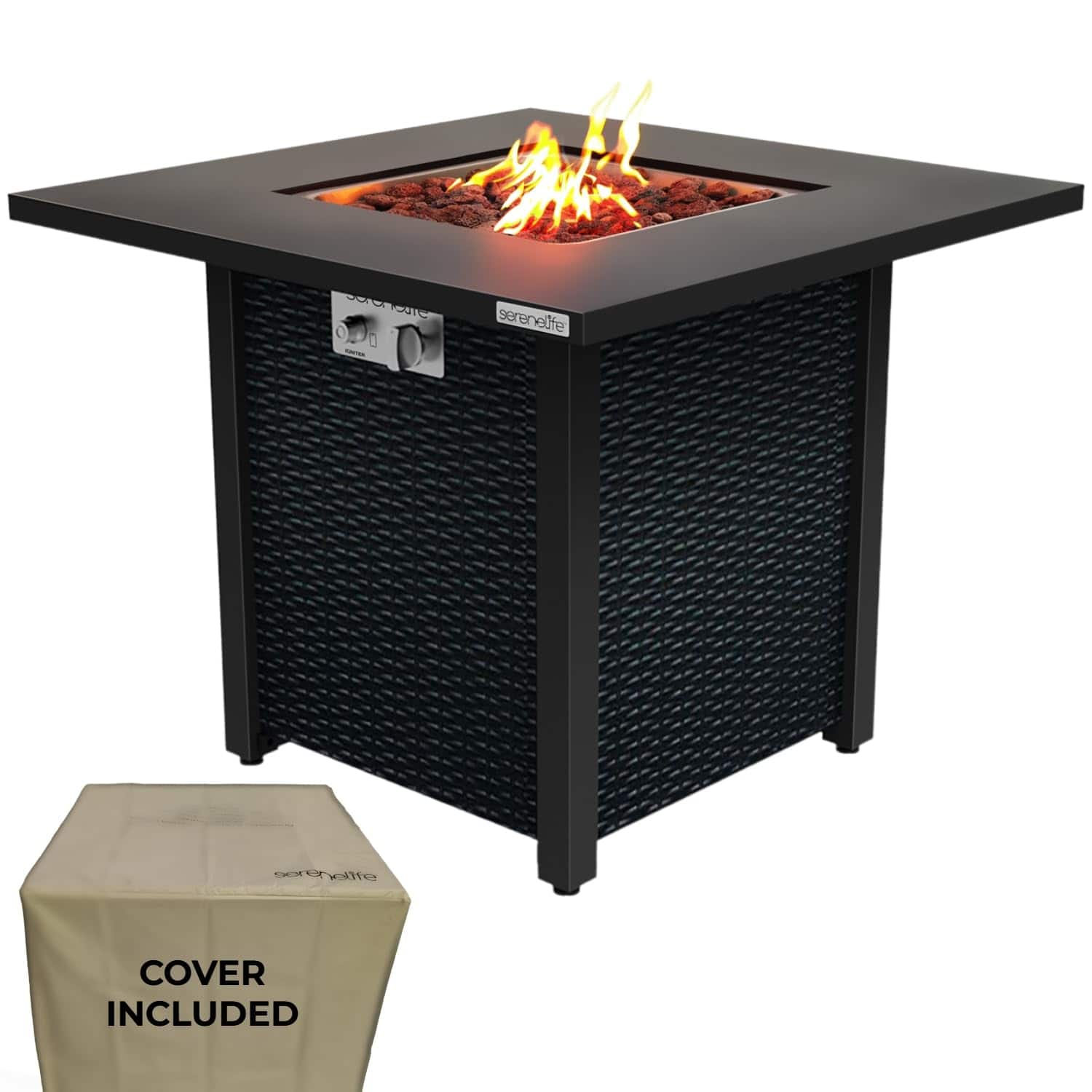 SereneLife - Outdoor Propane Fire Pit Table, 40,000 BTU, CSA Approved, Pulse Ignition, Steel Top - SLFPS3 - Gray