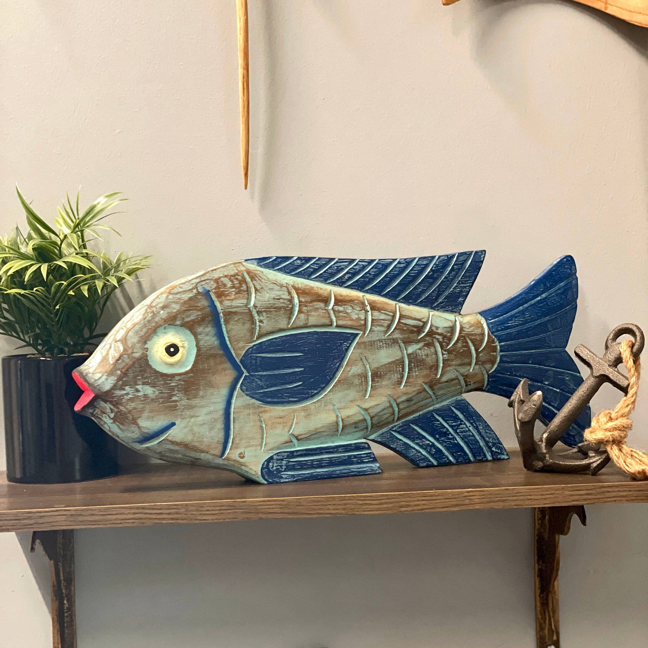 Alt View 4. Things2Die4 - Hand Carved Blue Wooden Fish Statue 19" Nautical Coastal Decor Wood Accent - Blue.