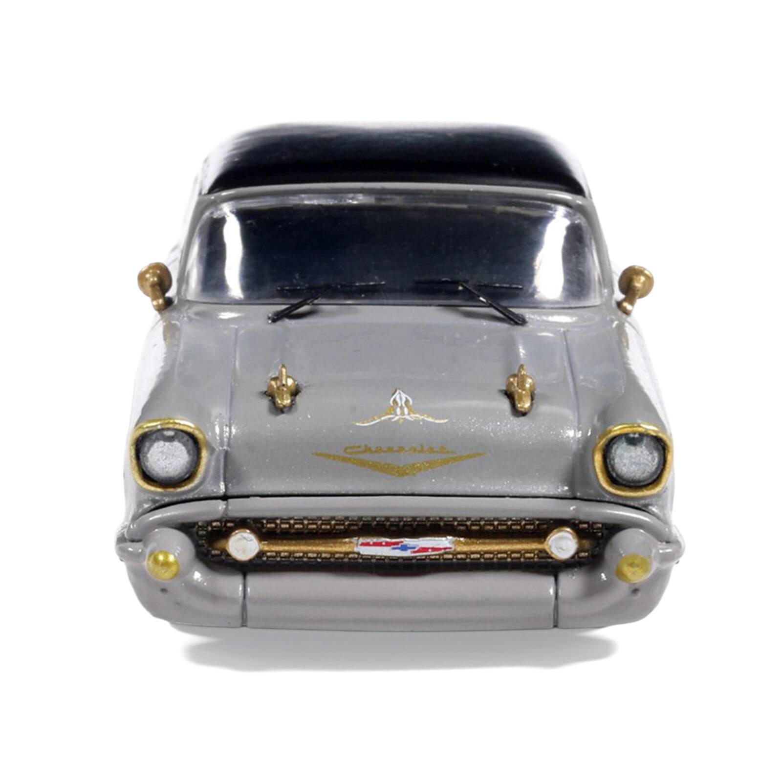 Alt View 3. IXO - 1957 Chevrolet Bel Air Lowrider Gray with Black Top and Gold Accents 1/64 Diecast Model Car by IXO Models.