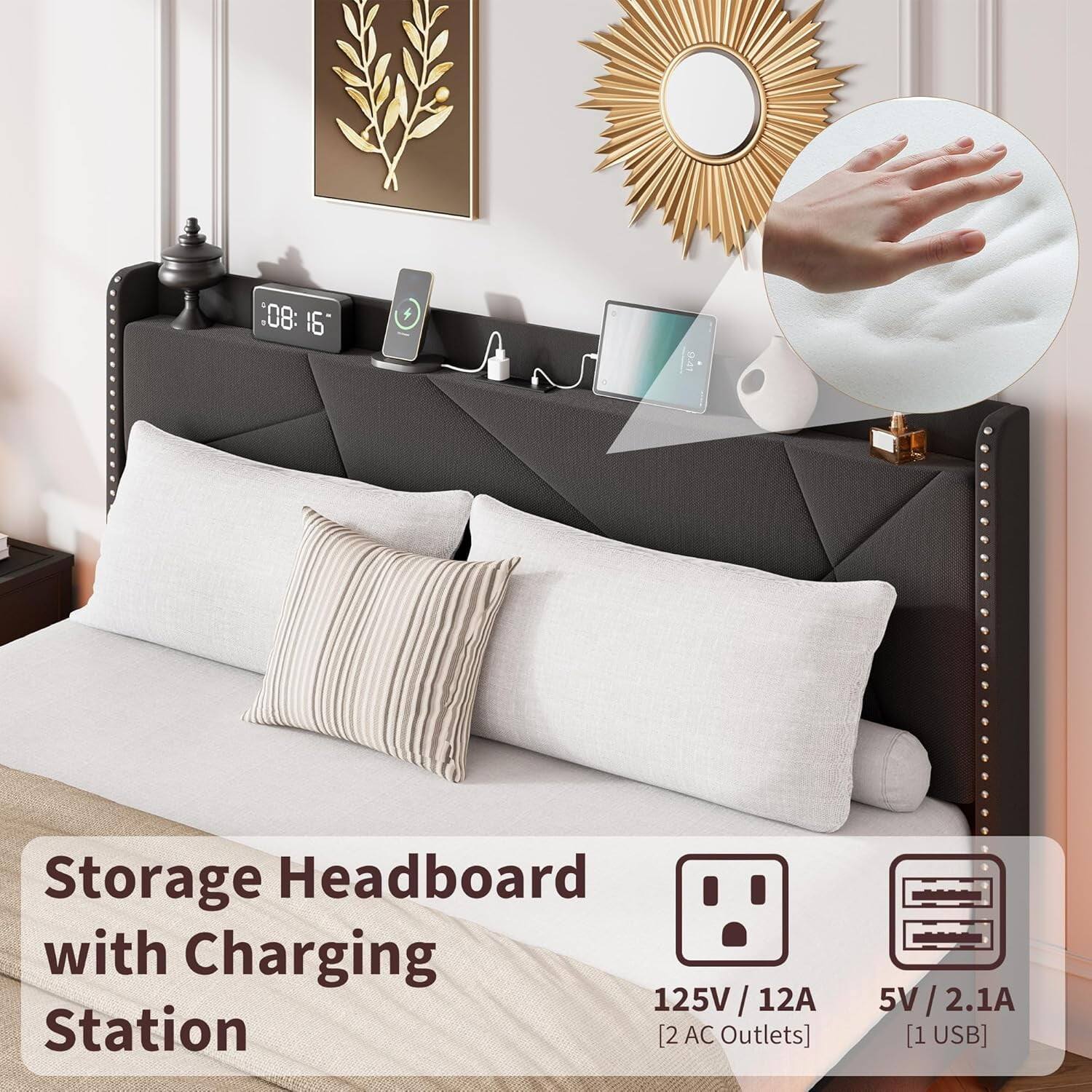 Storage Headboard with Charging Station

- 125V / 12A [2 AC Outlets]
- 5V / 2.1A [1 USB]