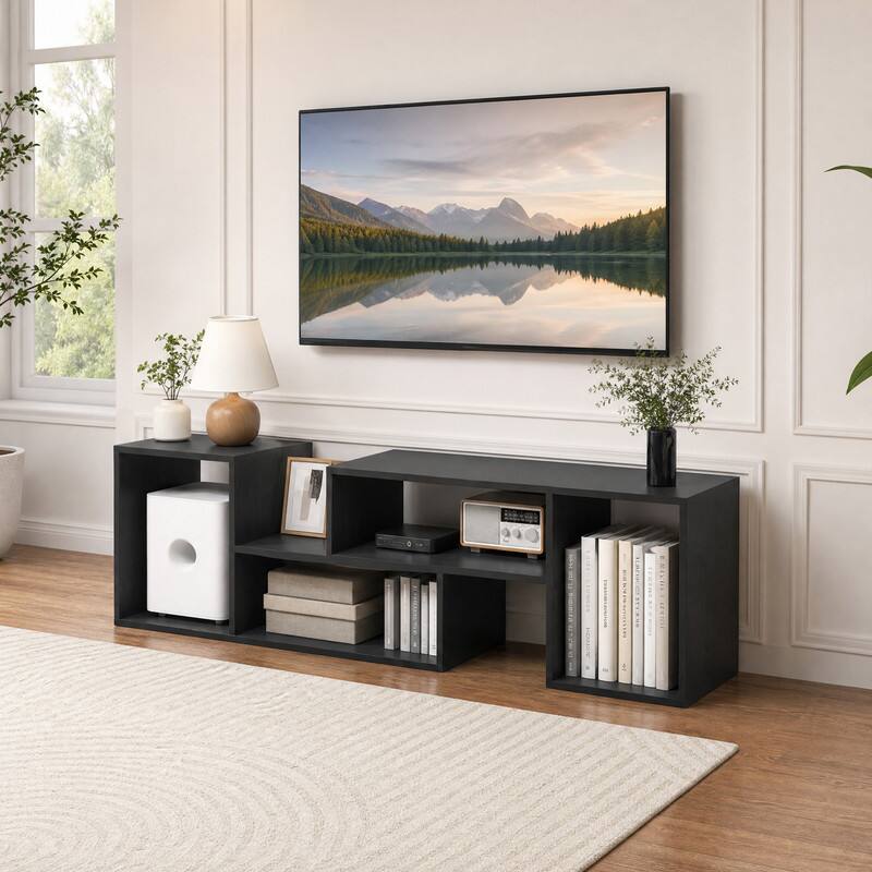 Angle. WELLFOR - Modern TV Stand for TVs up to 55 Inch, Adjustable Entertainment Center with Storage Cubes for Living Room - Black.