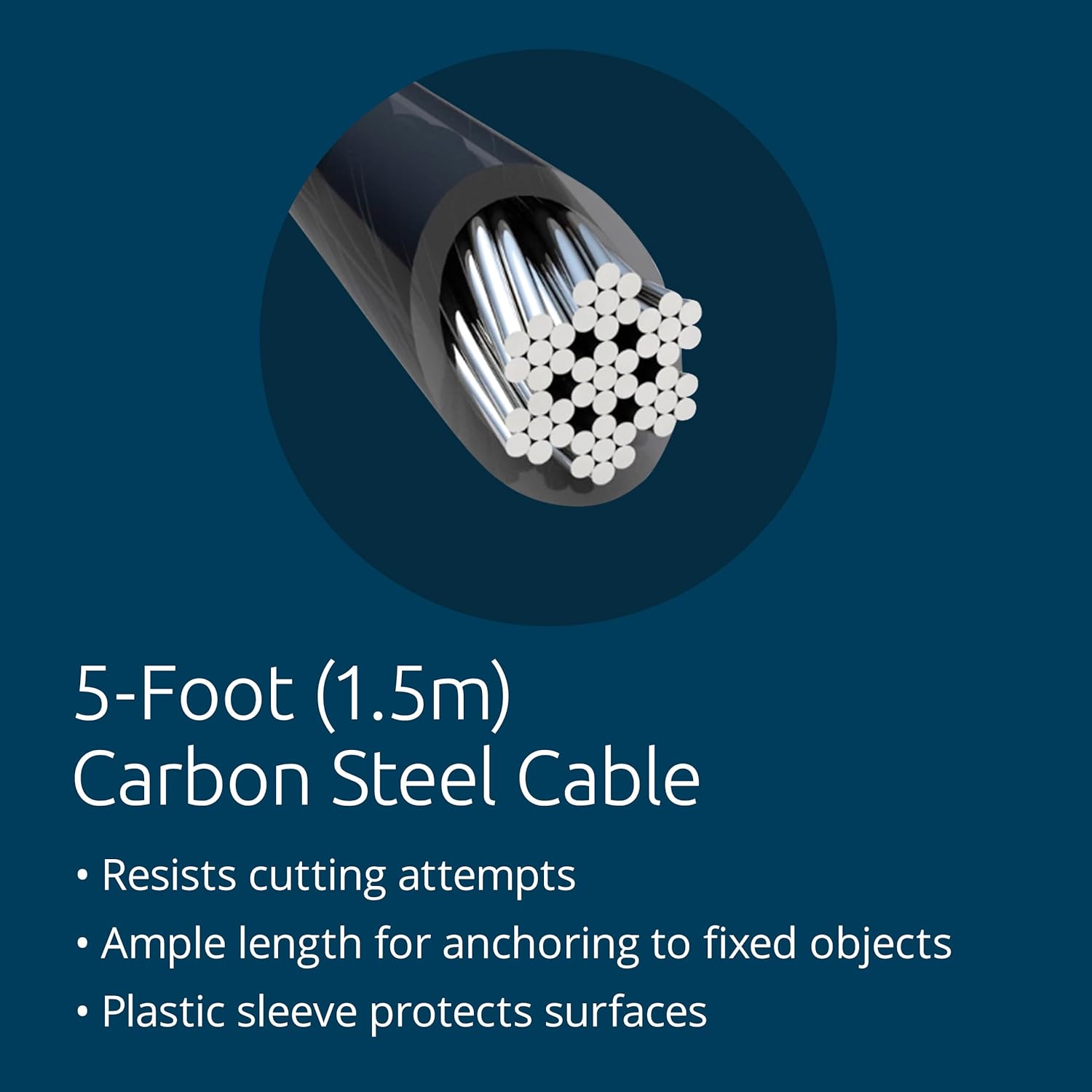 5-Foot (1.5m) Carbon Steel Cable

- Resists cutting attempts
- Ample length for anchoring to fixed objects
- Plastic sleeve protects surfaces