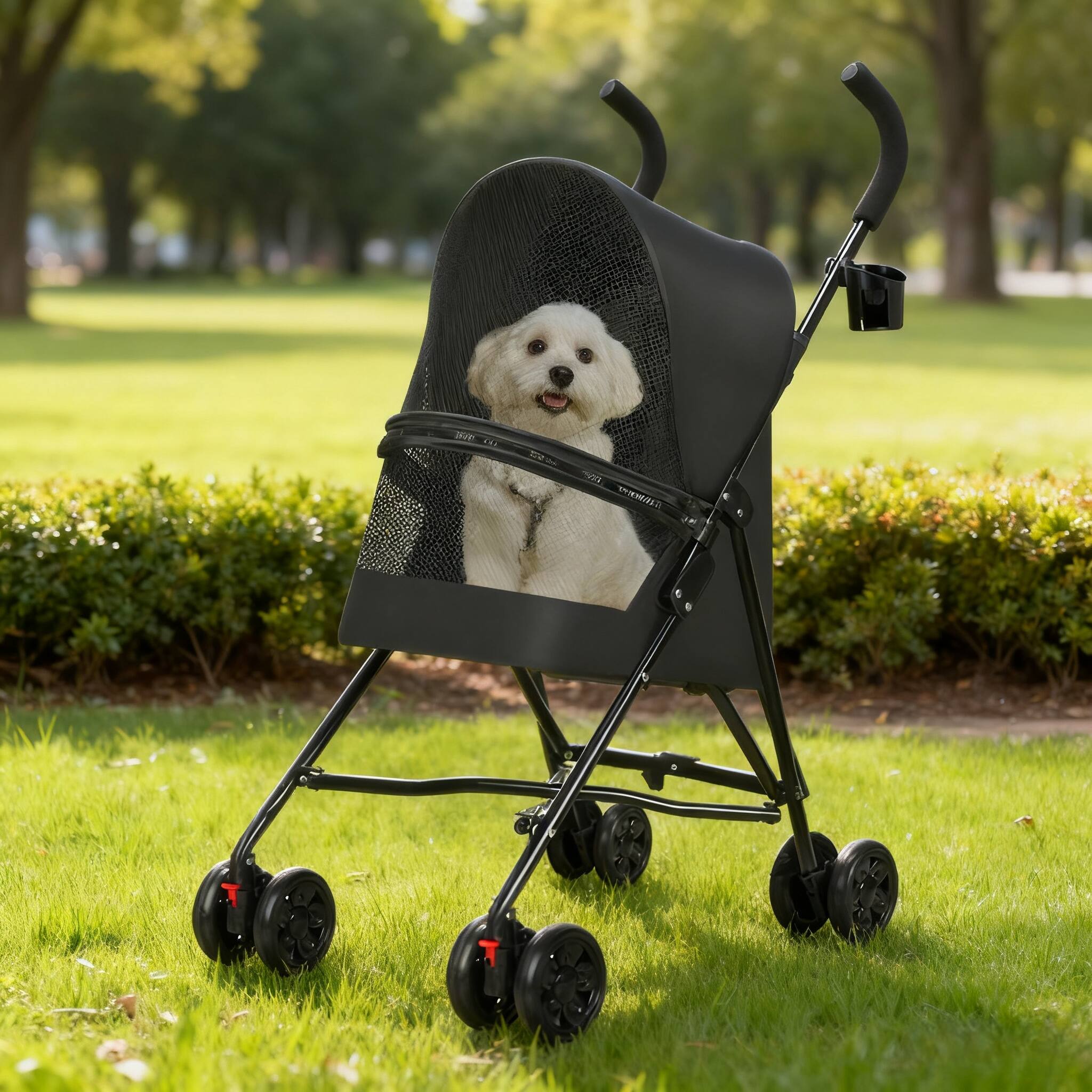 Front. Siljoy - Black Foldable Pet Stroller for Small Dogs & Cats, Lightweight with Mesh Windows & Built-In Cup Holder.