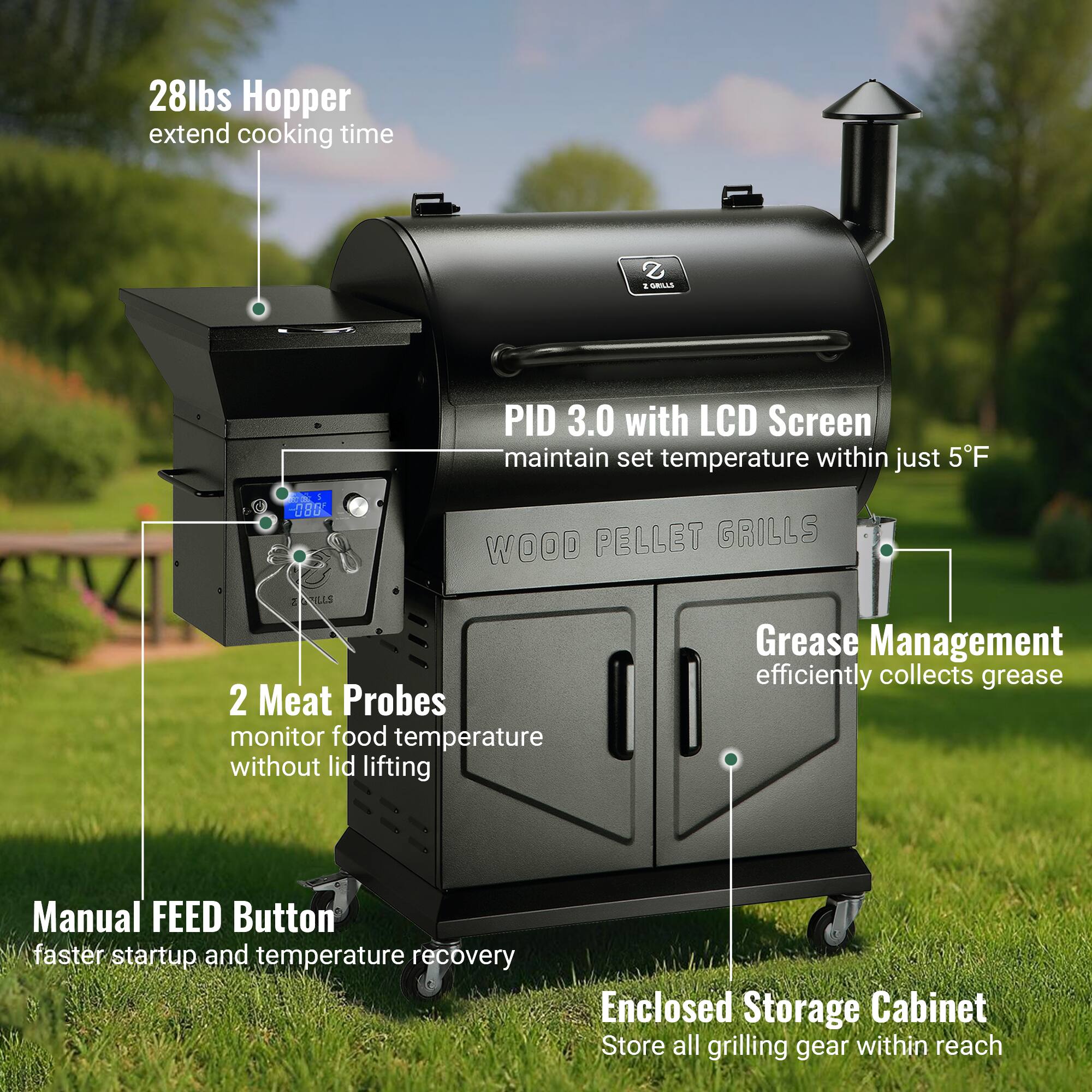 - 28lbs Hopper extend cooking time
- PID 3.0 with LCD Screen maintain set temperature within just 5°F
- 2 Meat Probes monitor food temperature without lid lifting
- Manual FEED Button faster startup and temperature recovery
- Grease Management efficiently collects grease
- Enclosed Storage Cabinet Store all grilling gear within reach