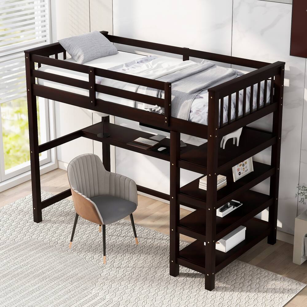 Back. Loheer - Loheer Twin Size Loft Bed with Desk and Storage Shelves, Espresso Wood Loft Bed with LED Lights - Espresso.