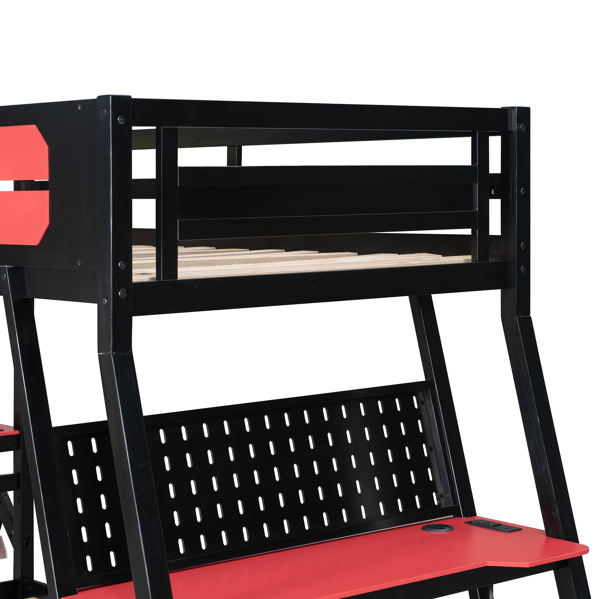 Alt View 4. Anysun - Twin Size Bunk Bed with Two Built-In Gaming Desks, USB Desktop Ports & Pegboard Organizer, Gaming Bunk Frame for Gamer - Red.