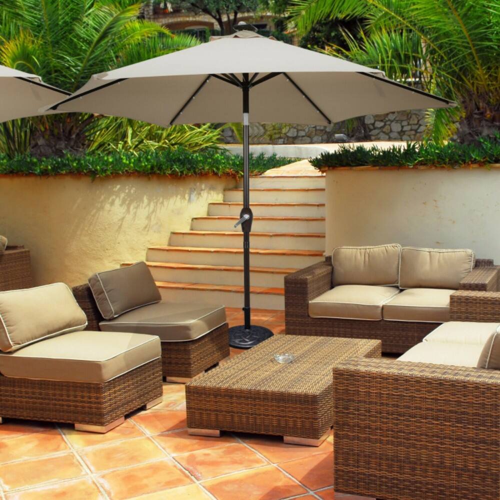 Angle. Mondawe - 9 Feet Solar LED Lighted Patio Market Umbrella with Tilt Adjustment without Base - Tan.