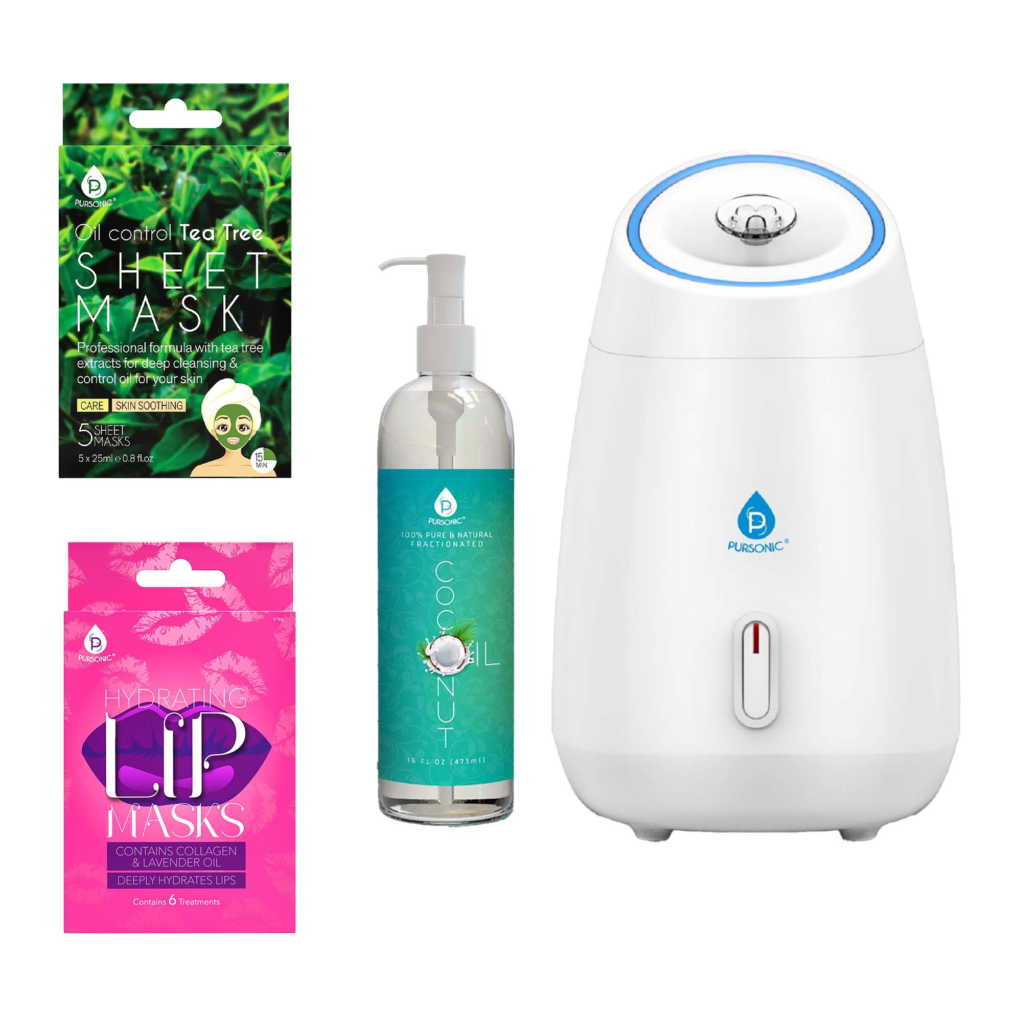 **Oil Control Tea Tree Sheet Mask**
Professional formula with tea tree extracts for deep cleansing & control oil for your skin
CARE SKIN SOOTHING
5 SHEET MASKS
5 x 25ml e 0.8 fl oz
**Hydrating Lip Masks**
Contains COLLAGEN & LAVENDER OIL
DEEPLY HYDRATES LIPS
Contains 6 Treatments
**100% PURE & NATURAL FRACTIONATED COCONUT OIL**
16 FL OZ (473ml)
**PURSONIC**
PURSONIC