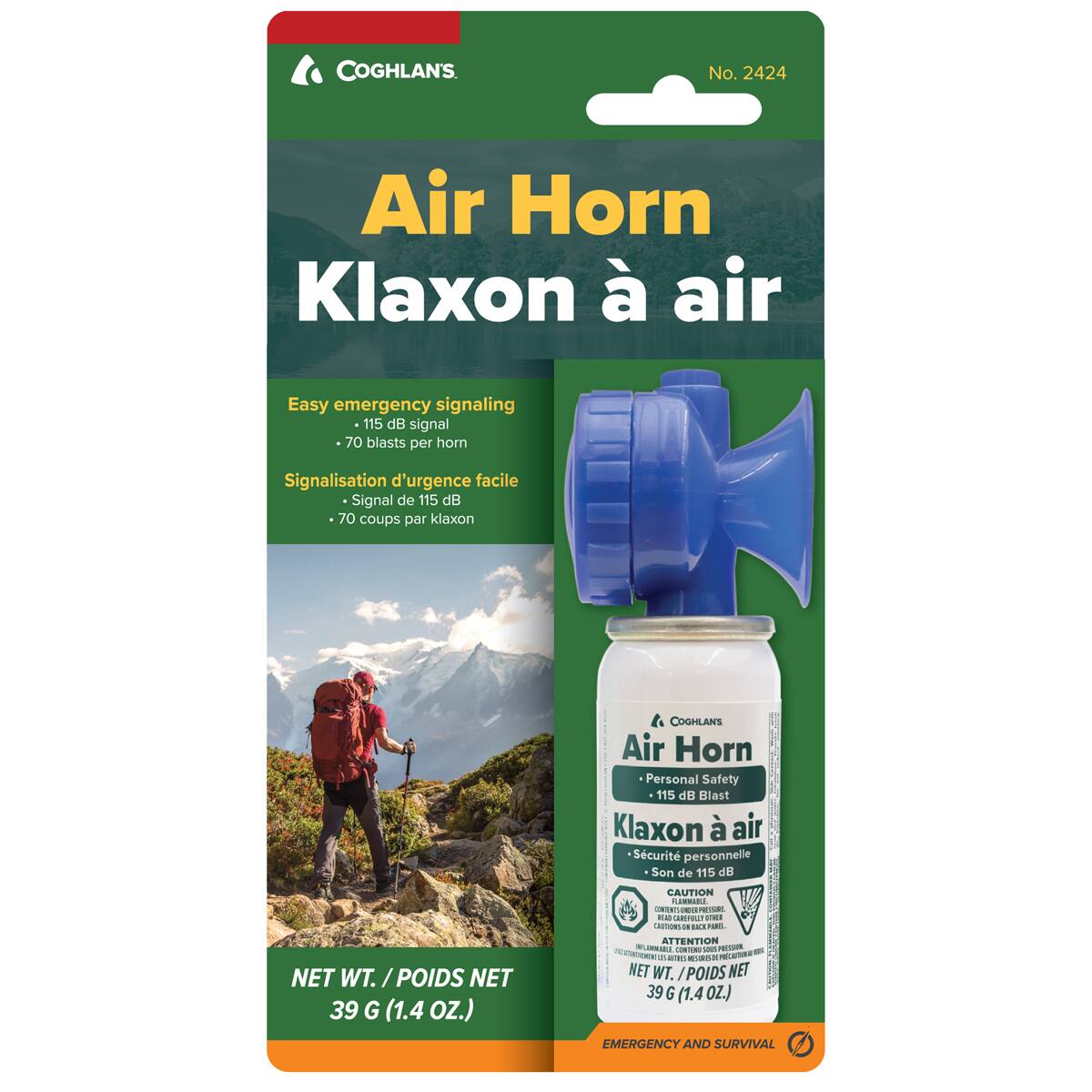 COGHLAN'S No. 2424 Air Horn Klaxon à air  
Easy emergency signaling  
- 115 dB signal  
- 70 blasts per horn  
Signalisation d'urgence facile  
- Signal de 115 dB  
- 70 coups par klaxon  

COGHLAN'S Air Horn Personal Safety  
- 115 dB Blast  
- Sécurité personnelle  
- Son de 115 dB  

NET WT. / POIDS NET 39 G (1.4 OZ.)  

CAUTION INHALATION - PL - CNI  
ATTENTION - INHALATION - PL - CNI  

EMERGENCY AND SURVIVAL