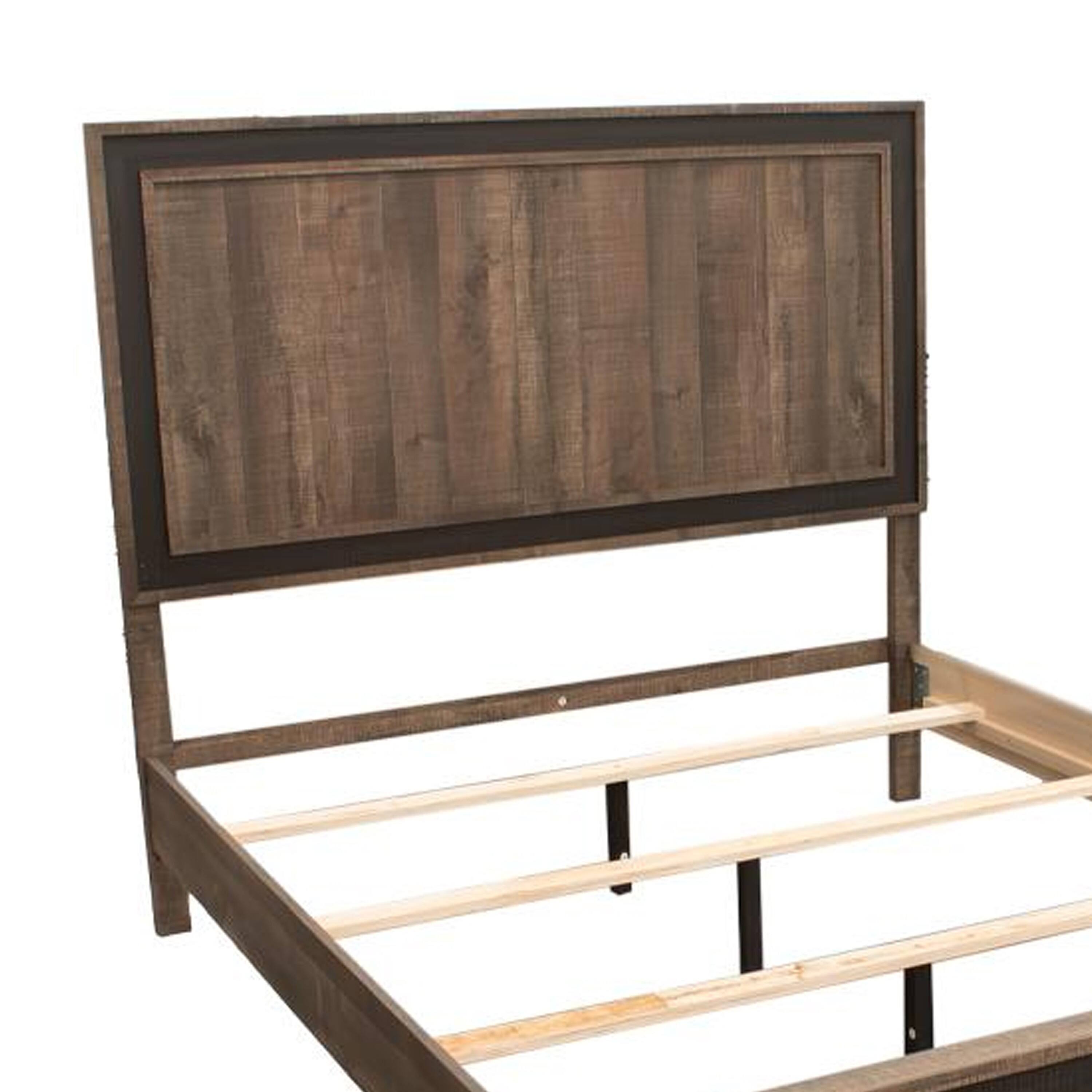 Alt View 2. Manhattan Lane - Modern Queen Size Bed w Tall Panel Headboard, Rustic Brown Wood - Oak Brown.