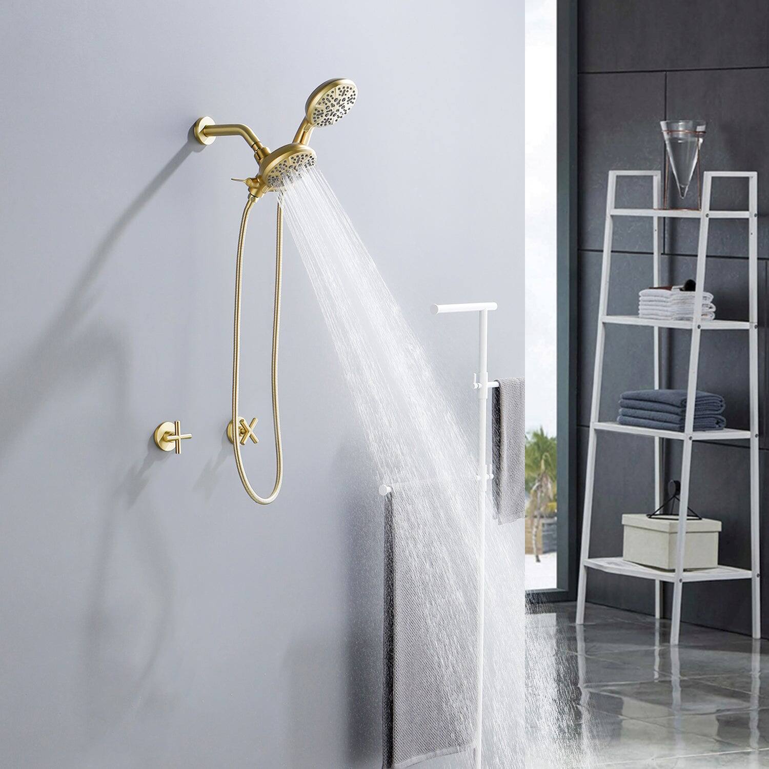 Alt View 4. Boyel Living - Brushed Gold Shower Set with Dual Handle Control and 7 Function Dual Shower Heads - Brushed Gold.
