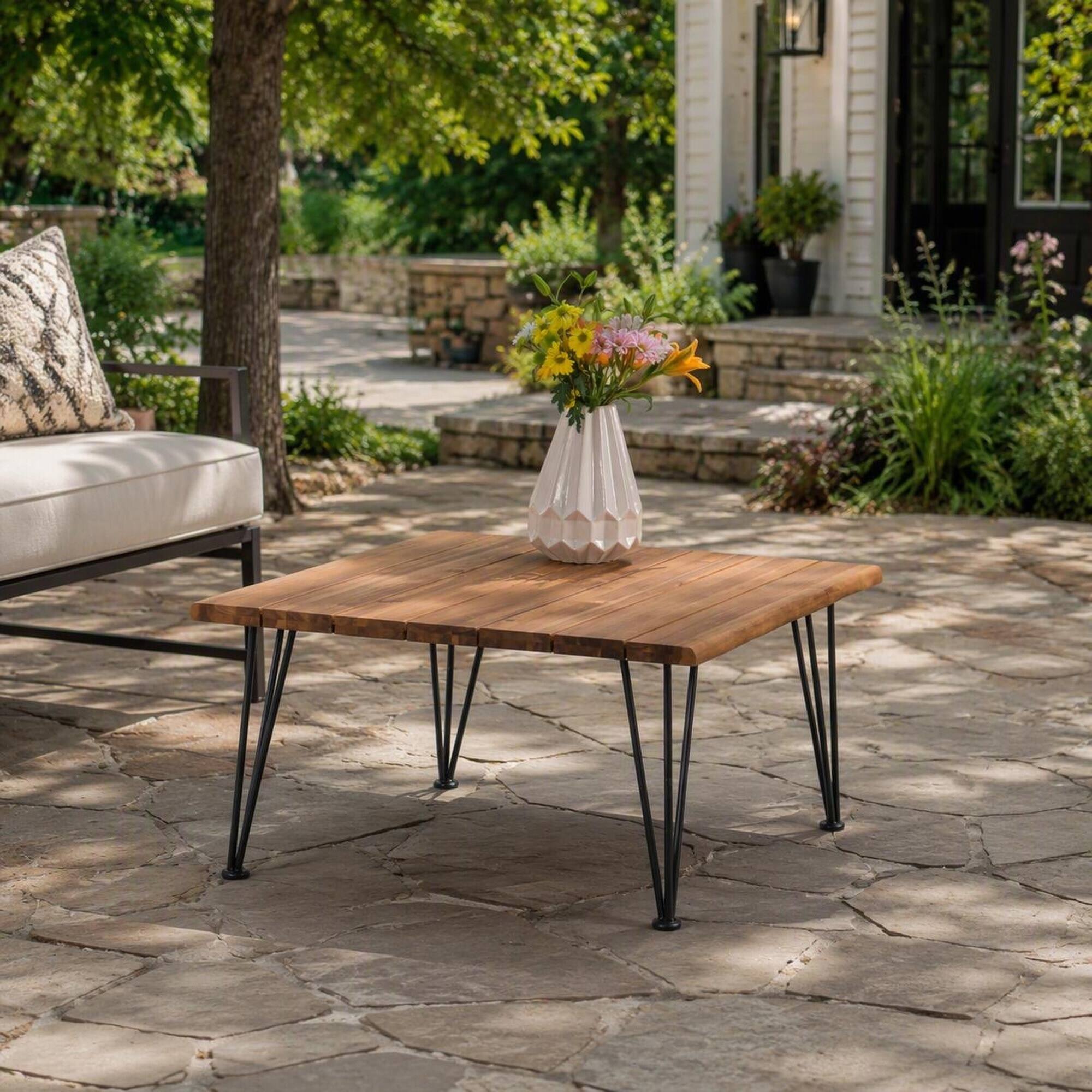 RYHNUYNE Square Outdoor Acacia Wood Coffee Table With Metal Hairpin ...