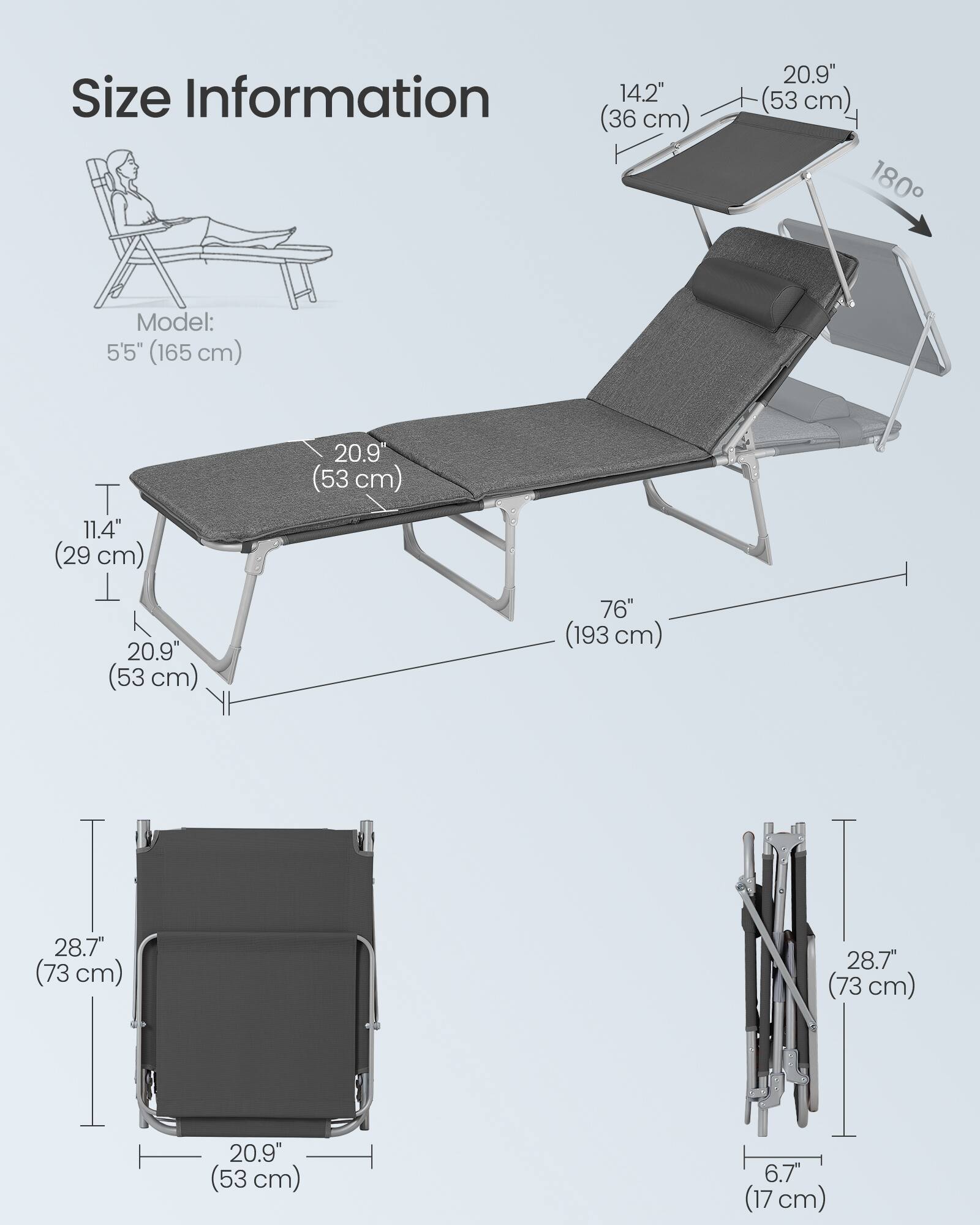 Size Information

Model: 5'5" (165 cm)

- 14.2" (36 cm)
- 20.9" (53 cm)
- 11.4" (29 cm)
- 20.9" (53 cm)
- 76" (193 cm)
- 28.7" (73 cm)
- 28.7" (73 cm)
- 20.9" (53 cm)
- 6.7" (17 cm)