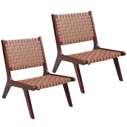 Front. Kadyn - Set of 1/2 Woven Leather Accent Chairs with Wood Frame-Set of 2, - Brown.