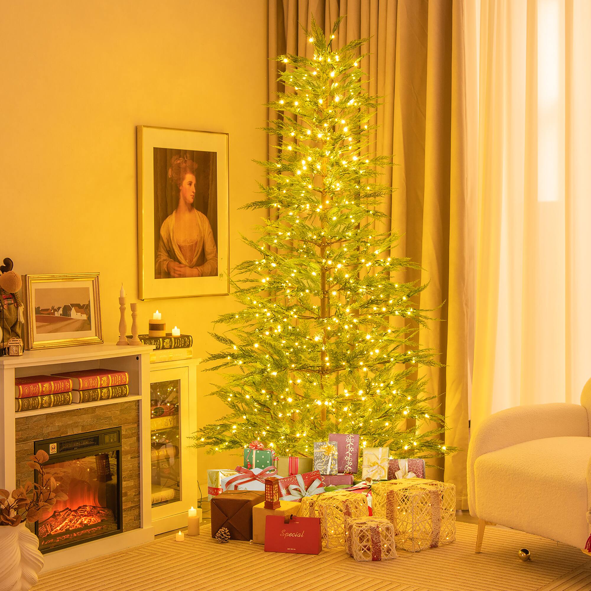 Gymax 7.5 FT Pre Lit Artificial Christmas Tree Simulated Cypress