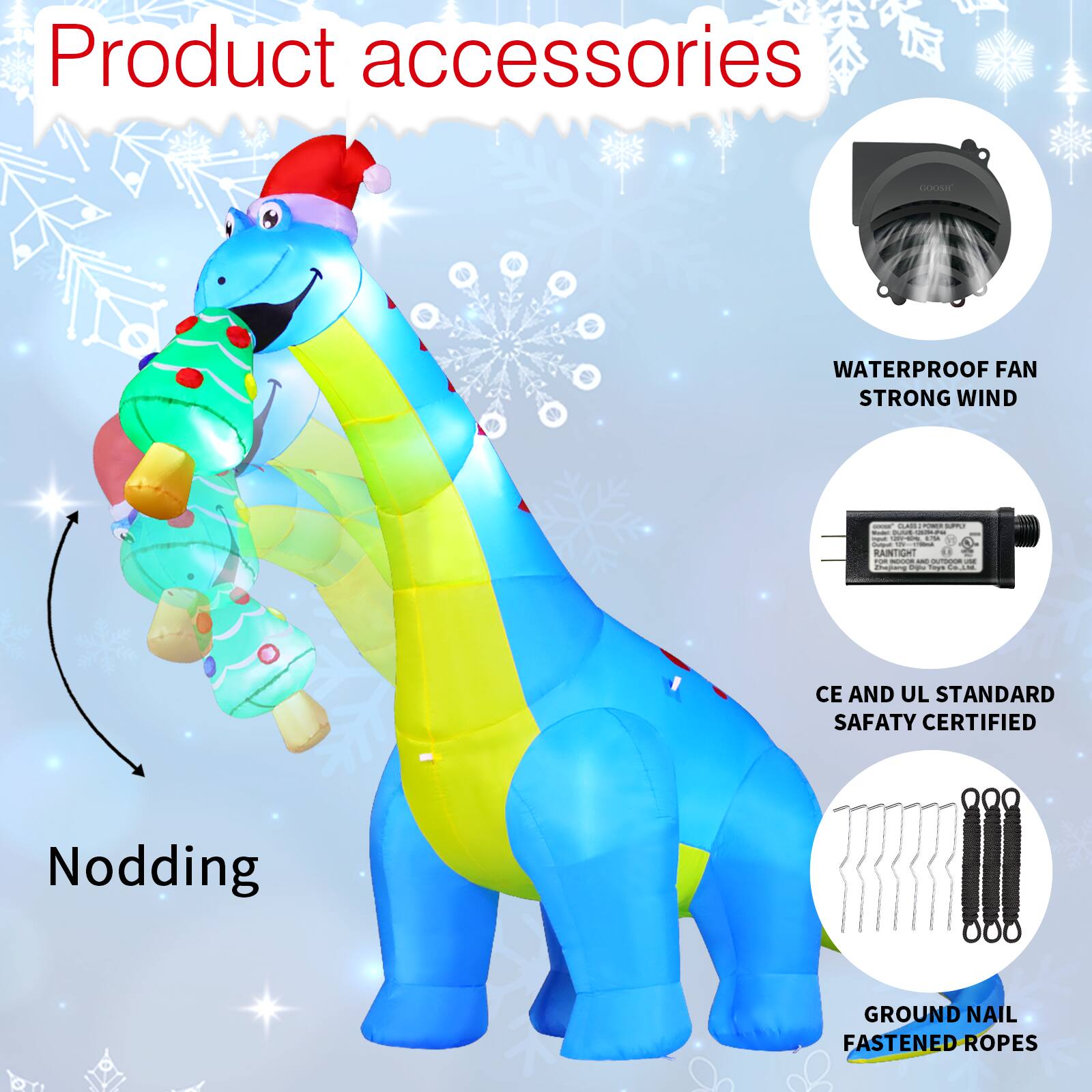 Product accessories

- Nodding
- Waterproof Fan Strong Wind
- Raintight
- CE and UL Standard Safety Certified
- Ground Nail Fastened Ropes