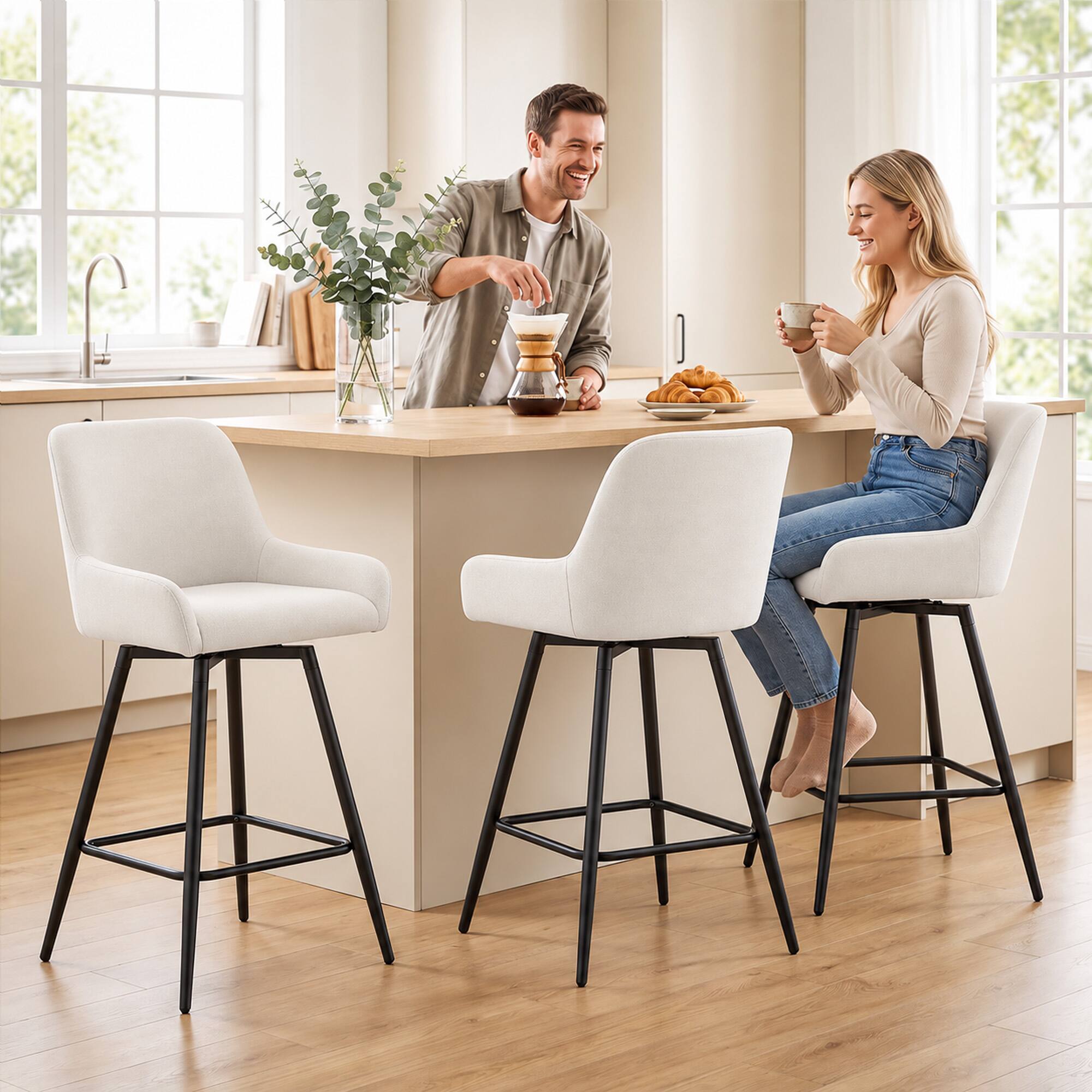 Alt View 1. Homcom - Island Chairs Counter Height Bar Stools with Swivel Linen Seat and Footrest - Cream White.