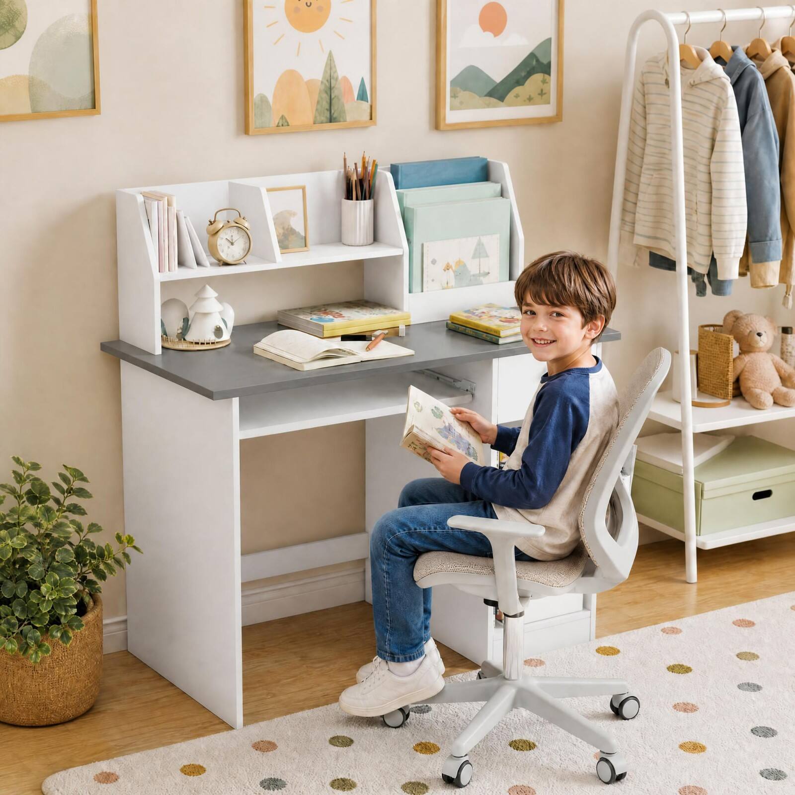 Alt View 3. Costway - Costway Kids Study Desk with Keyboard Tray & Drawer, Side Bookshelf & Upper Shelves - White + Gray.