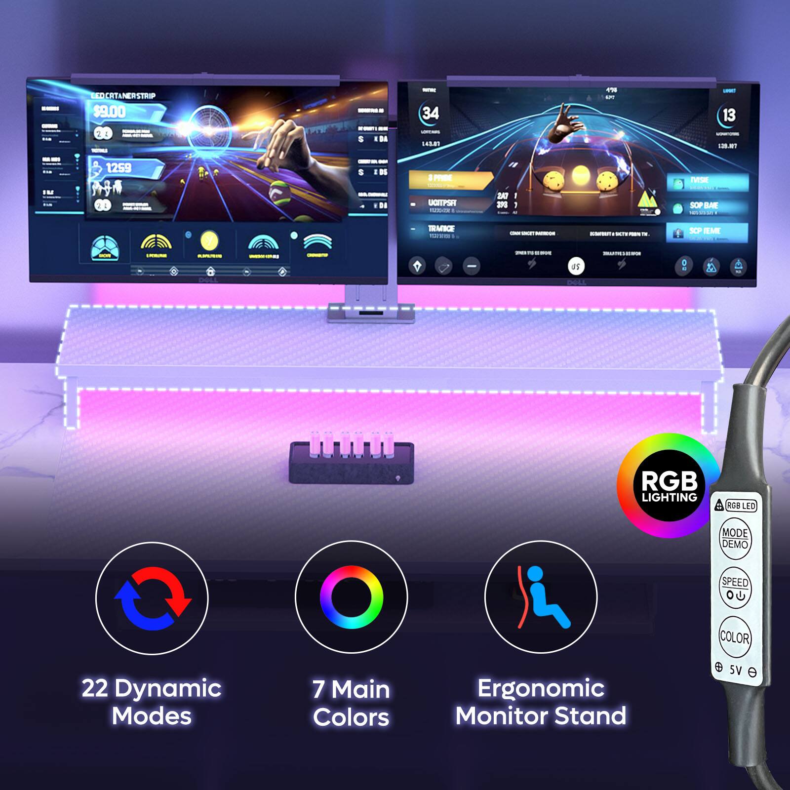 CRTANERSTRIP $9.00 2 - - S BA - 34 - sASB 4 MT - 13 - 138MT 1259 I DS A PRODE nw  DE UGITPSR Hadce  DAT 2 1 1 - SOP ILAR  - - y - TMKE - I - - - - - - - - - - - - SCP TM - RGB LIGHTING RGS LED MODE DEMO SPEED O  COLOR 22 Dynamic Modes 7 Main Colors Ergonomic Monitor Stand 6 5V e