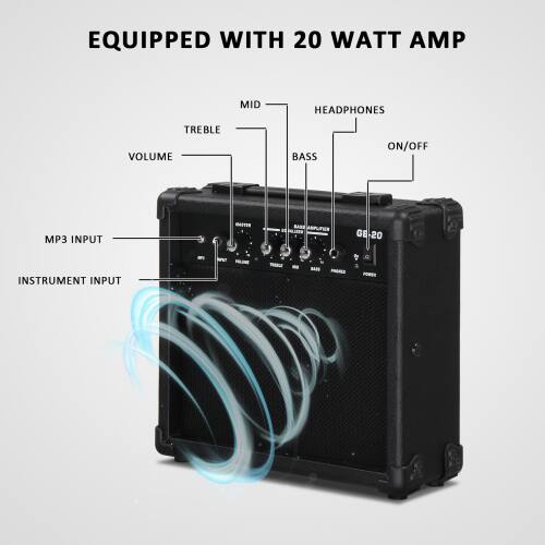 EQUIPPED WITH 20 WATT AMP

MID
HEADPHONES
TREBLE VOLUME
BASS
ON/OFF
MP3 INPUT
GE 20
INSTRUMENT INPUT