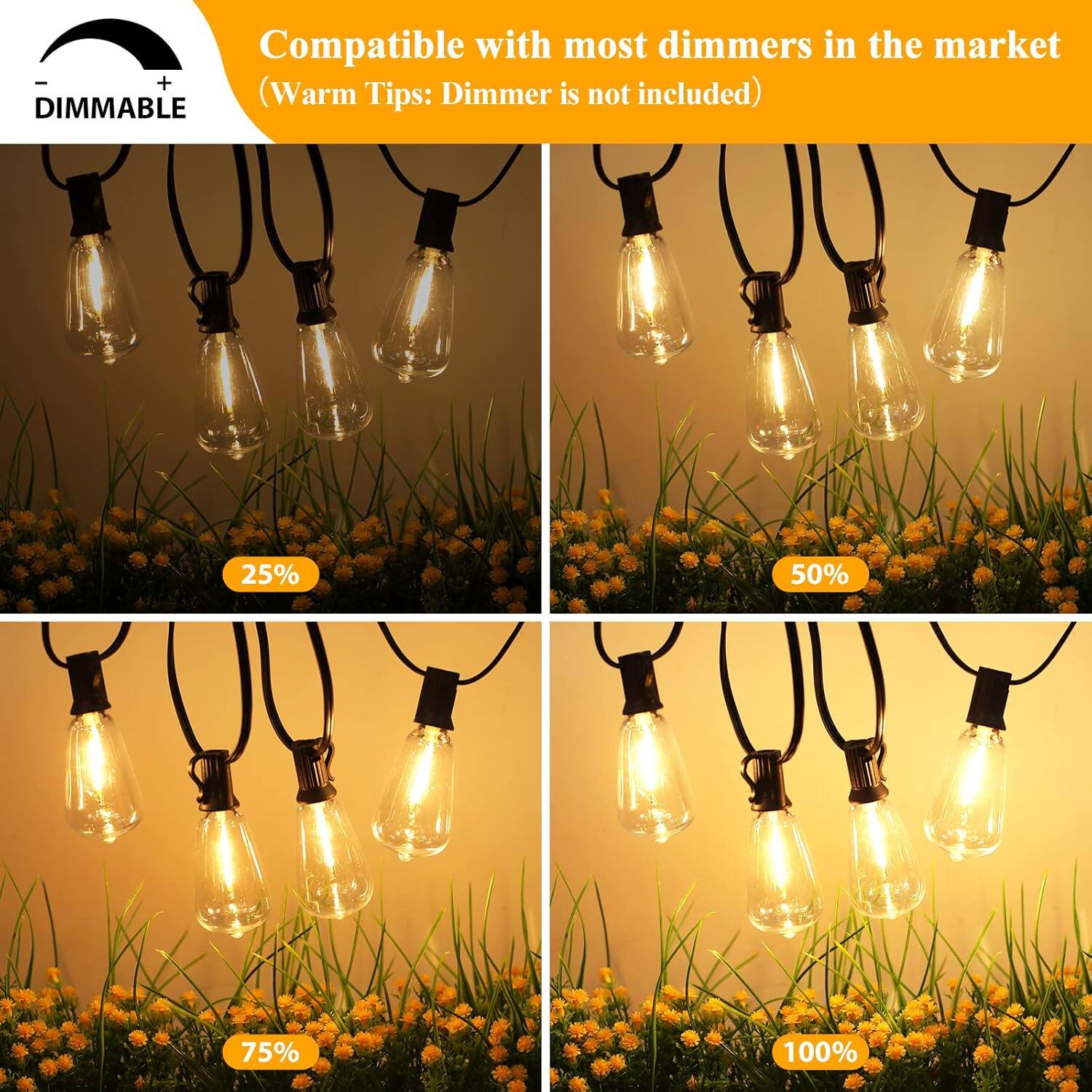 Compatible with most dimmers in the market - + DIMMABLE (Warm Tips: Dimmer is not included)

25%
50%
75%
100%
