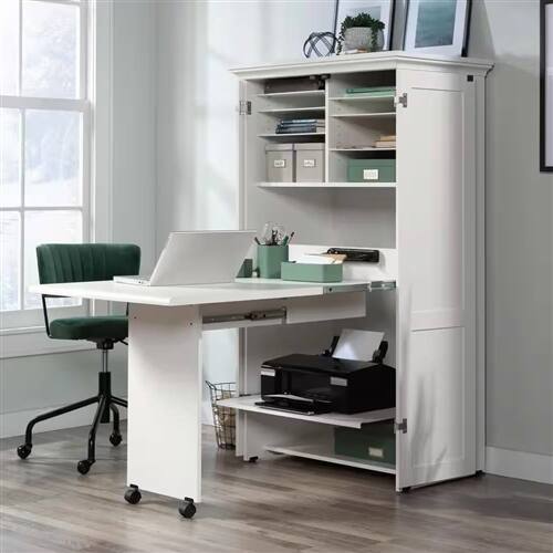 Angle. Hivvago - Drop Leaf Computer Desk Craft Table Armoire in White Wood Finish - White.
