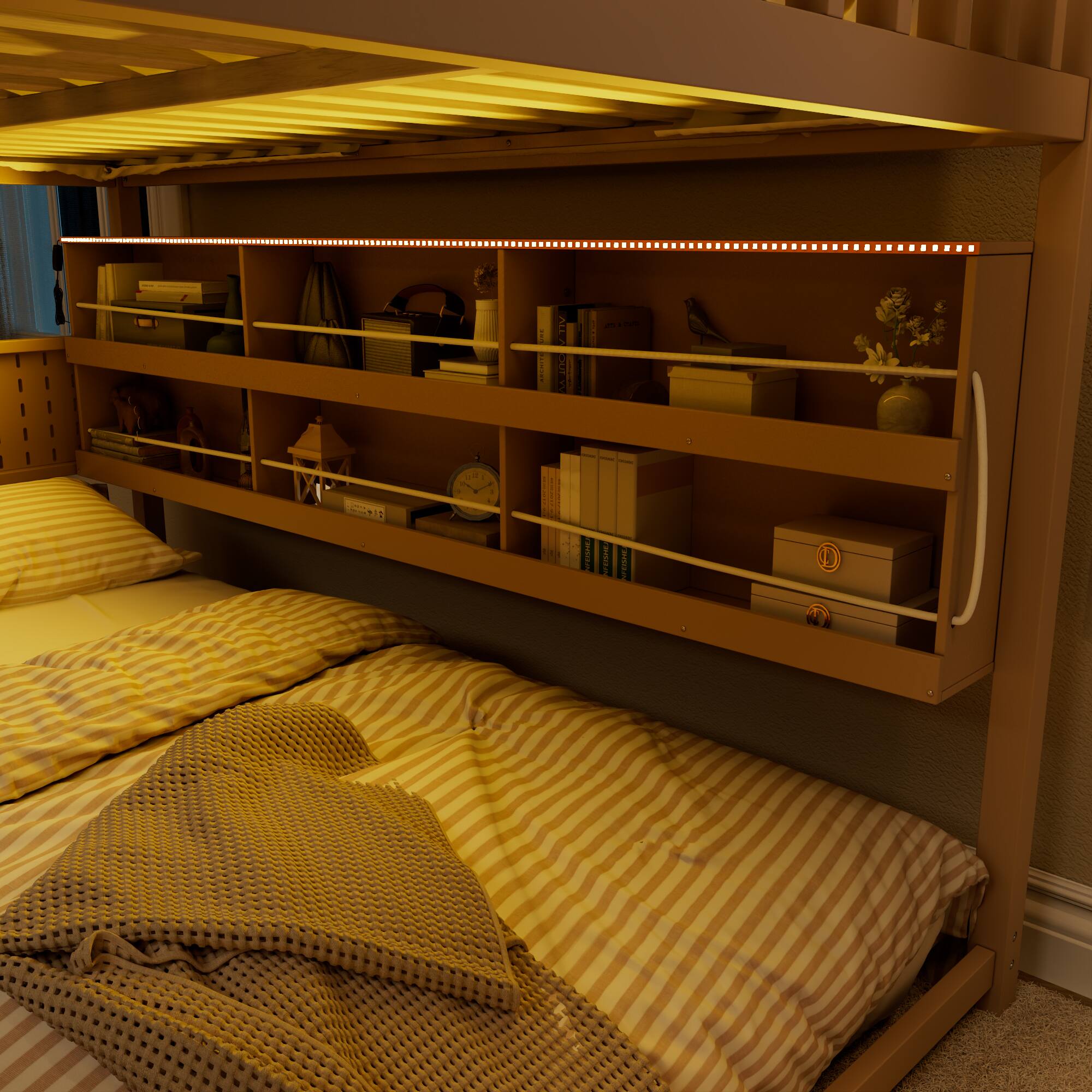 Alt View 6. Anysun - Full over Full Bunk Bed with Integrated Shelving, Color-Changing Lights and Pegboard - Beige.