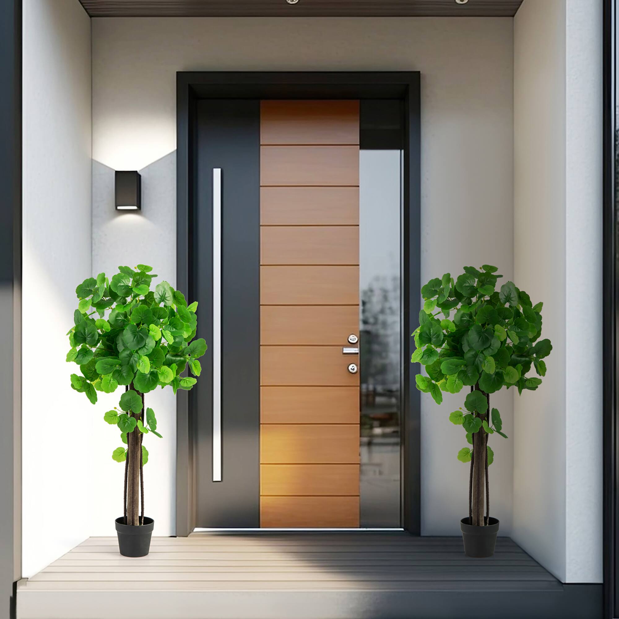 Alt View 4. Gymax - Gymax 44'' Artificial Crabapple Tree w/ Real Wood Trunk Adjustable Branches Faux Grass - Green, Black.