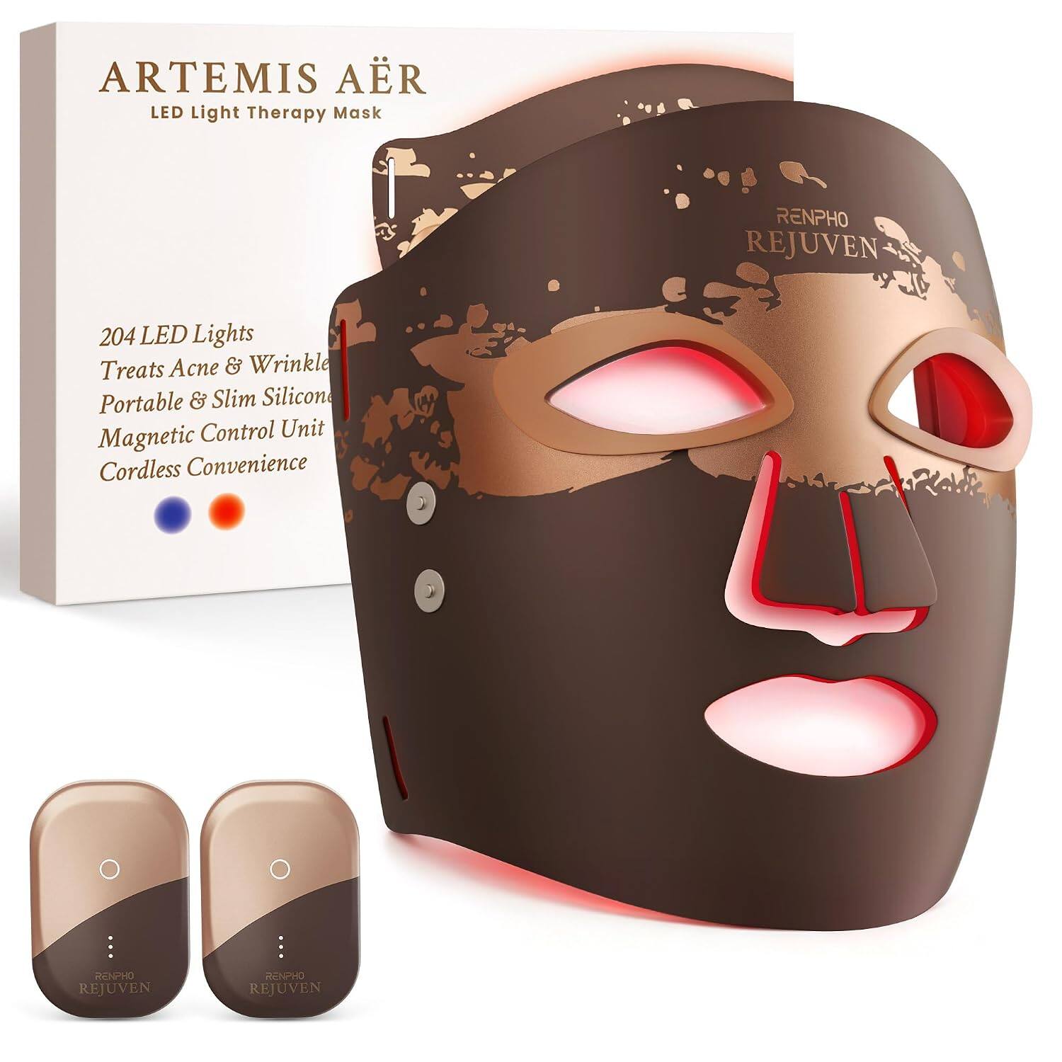 ARTEMIS AÉR LED Light Therapy Mask  
RENPHO REJUVEN  
204 LED Lights Treats Acne & Wrinkle Portable & Slim Silicone Magnetic Control Unit Cordless Convenience  
RENPHO REJUVEN  
RENPHO REJUVEN