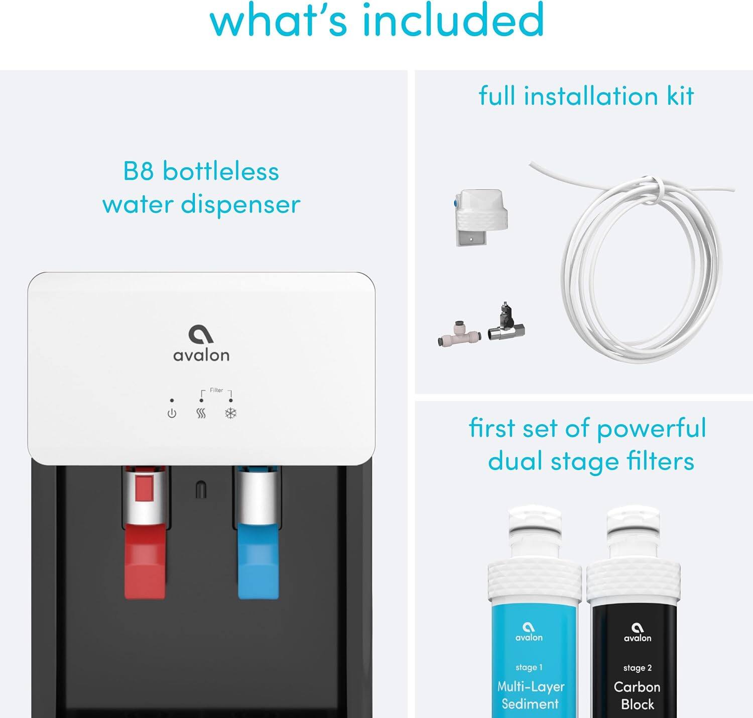 what's included

- B8 bottleless water dispenser
- full installation kit
- first set of powerful dual stage filters
  - stage 1: Multi-Layer Sediment
  - stage 2: Carbon Block