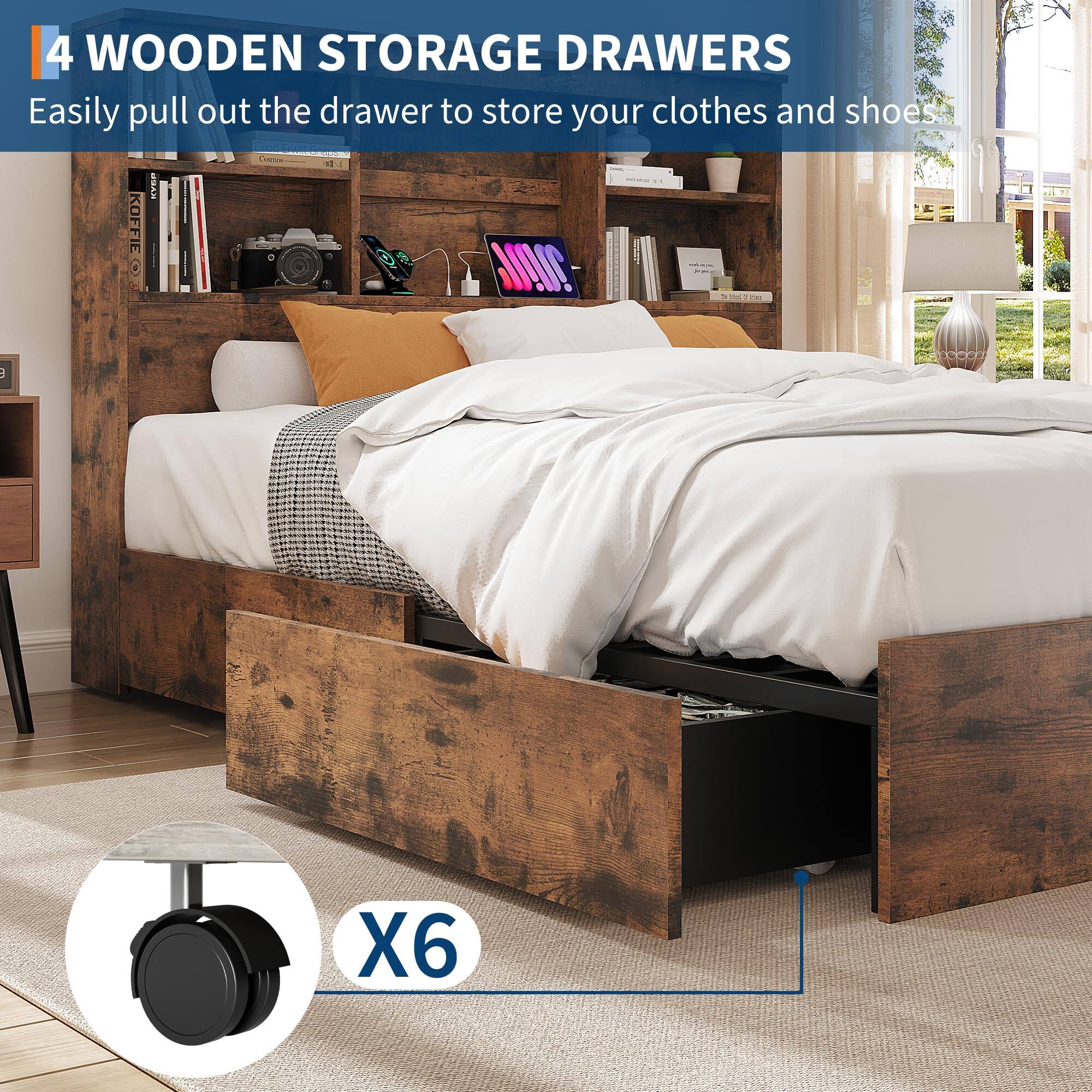 4 WOODEN STORAGE DRAWERS  
Easily pull out the drawer to store your clothes and shoes.  
X6