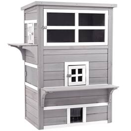 Siljoy - Grey 3‑Story Cat House, Outdoor Feral Shelter with Asphalt Roof, 5 Doors & Jump Platforms