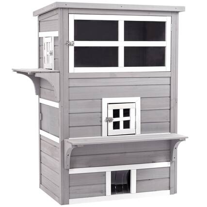 Front. Siljoy - Grey 3‑Story Cat House, Outdoor Feral Shelter with Asphalt Roof, 5 Doors & Jump Platforms.