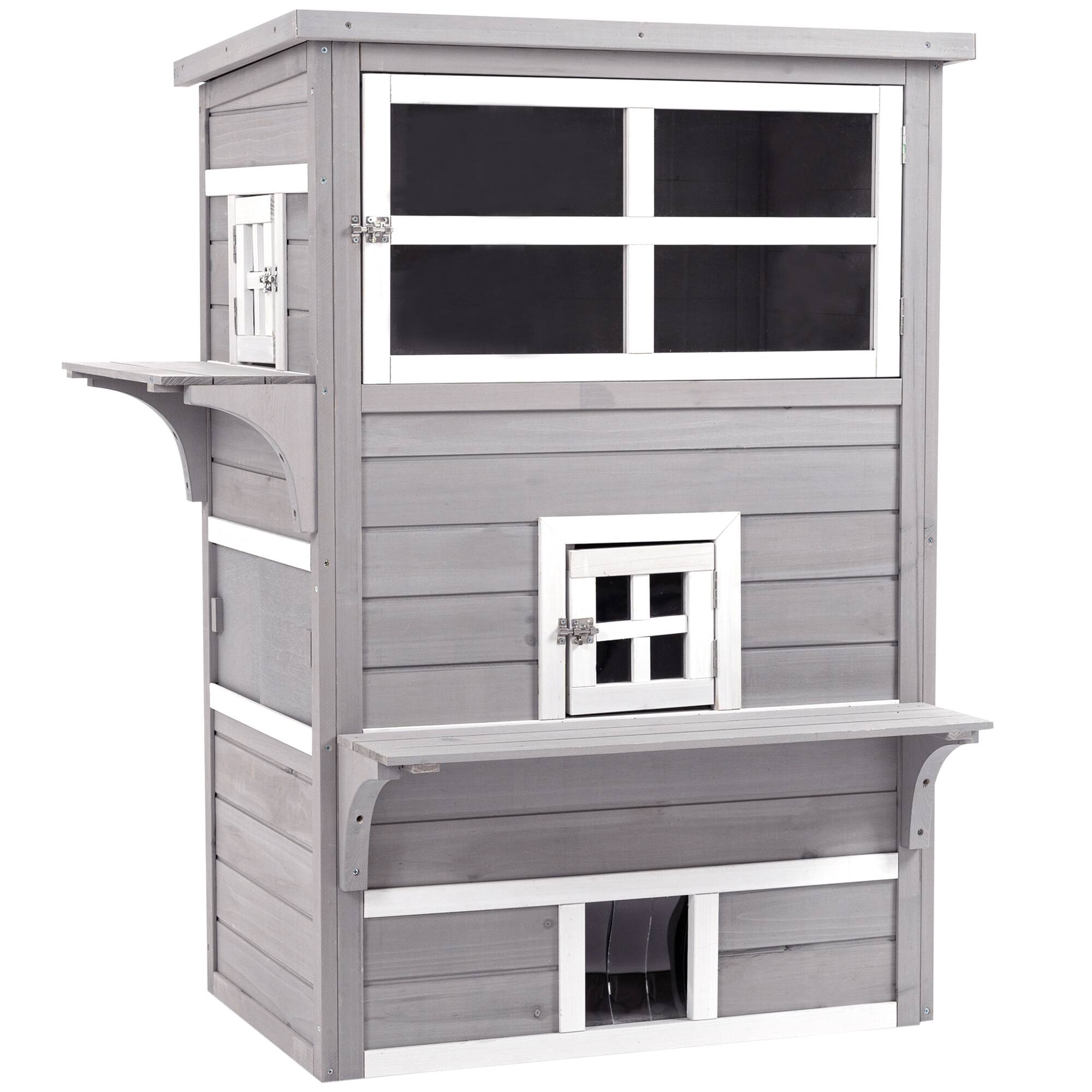 Front. Siljoy - Grey 3‑Story Cat House, Outdoor Feral Shelter with Asphalt Roof, 5 Doors & Jump Platforms.