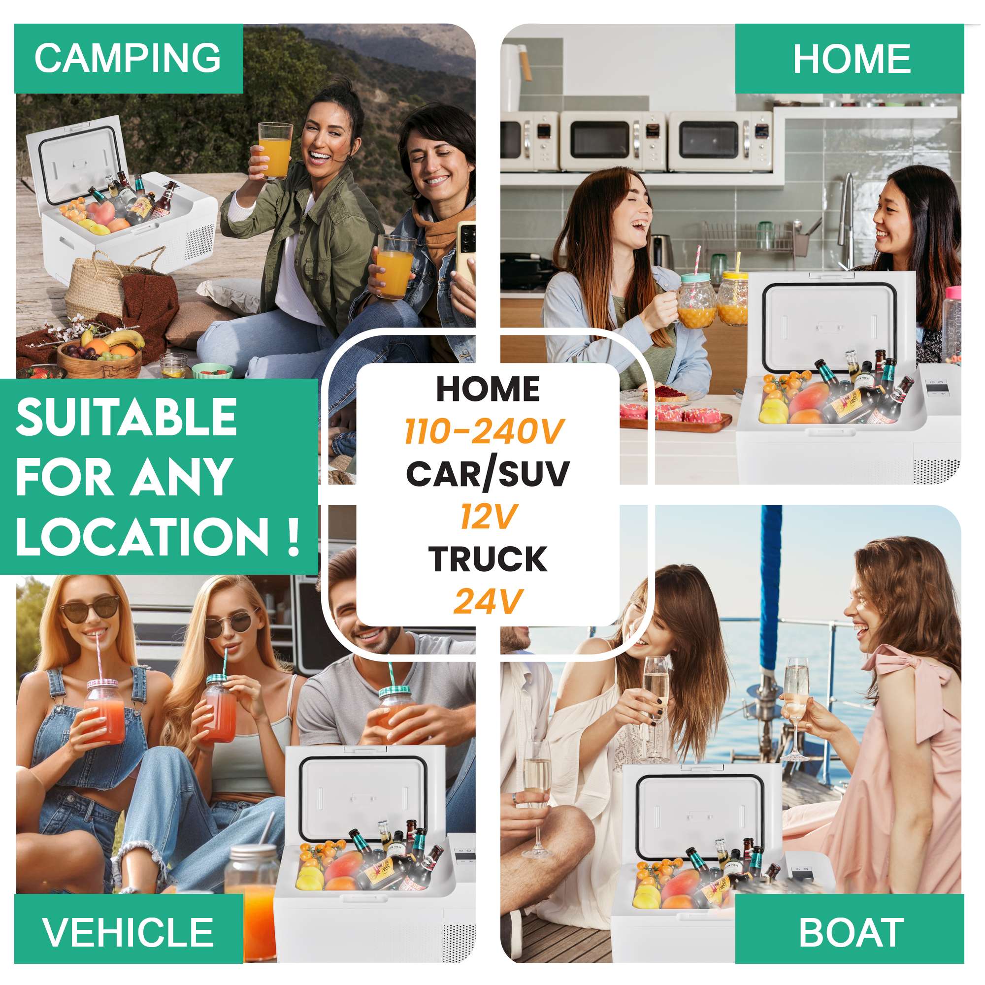 CAMPING  
SUITABLE FOR ANY LOCATION!  
HOME  
110-240V  
CAR/SUV  
12V  
TRUCK  
24V  
VEHICLE  
BOAT