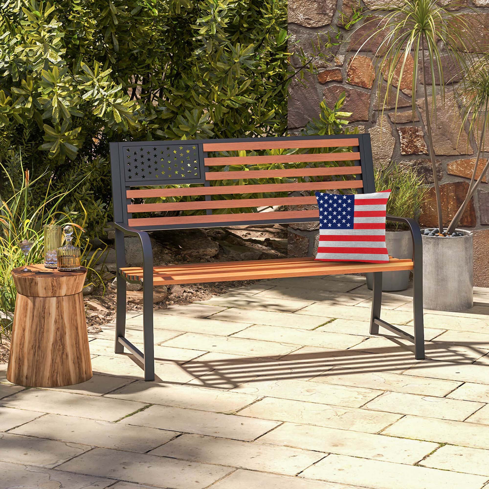Alt View 4. Costway - Costway 50" Outdoor Garden Bench with Flag Pattern Backrest & Rustic Wood Grain Finish - Brown,Black.