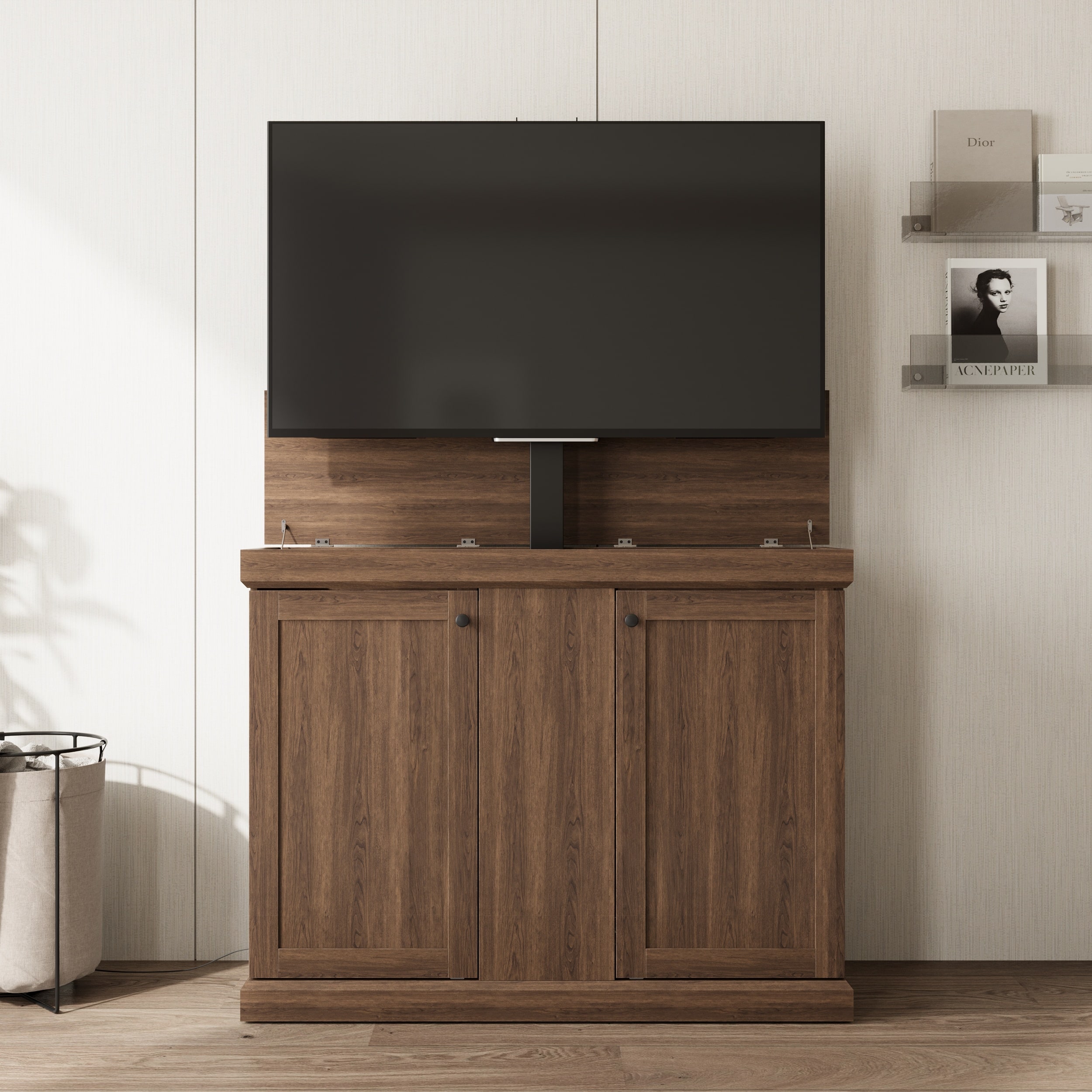 Famapy - Smart Lift TV Cabinet for Up to 50 Inch TV, Remote Control Media Console with Hidden Storage Entertainment Center - Brown