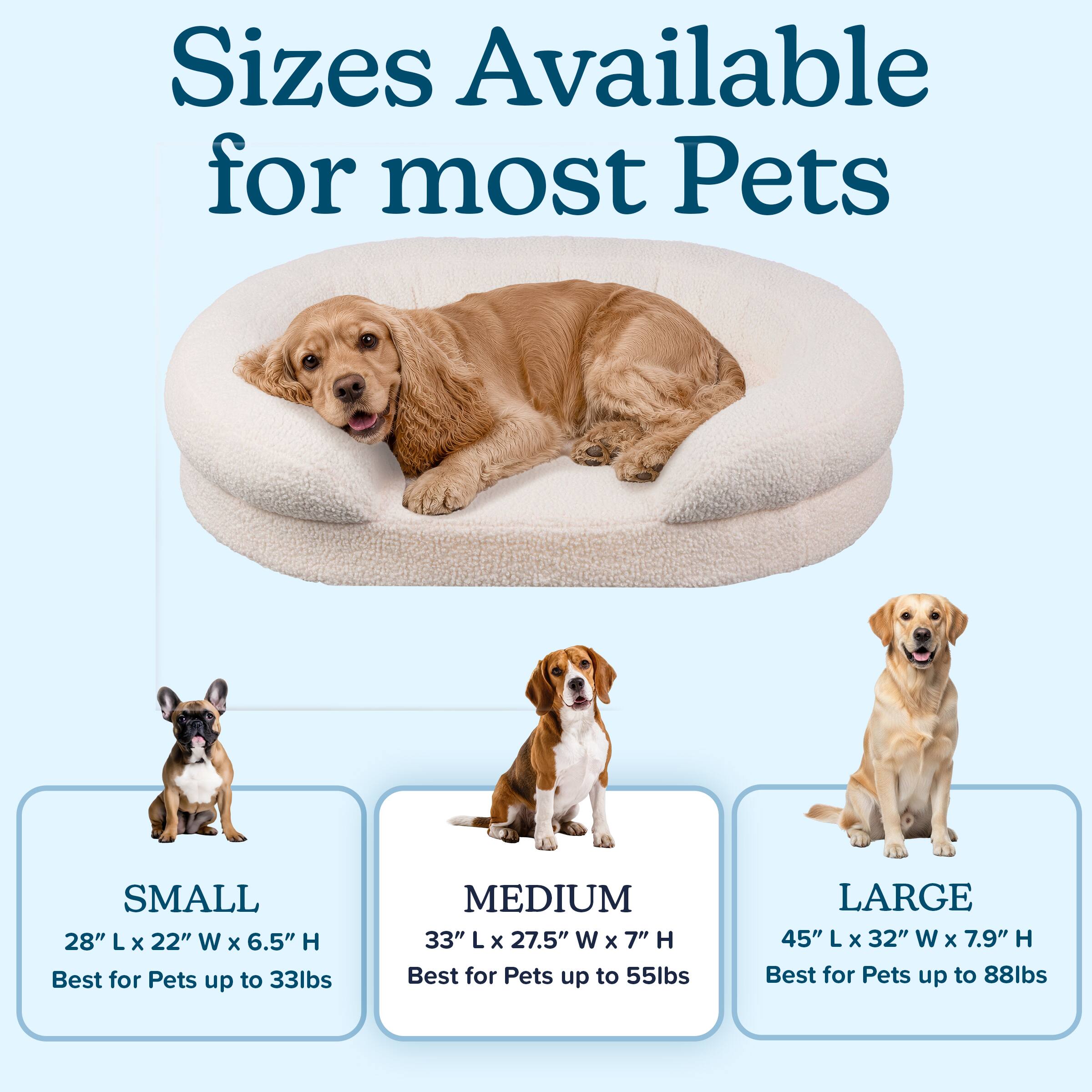 Sizes Available for most Pets

SMALL  
28" L x 22" W x 6.5" H  
Best for Pets up to 33lbs

MEDIUM  
33" L x 27.5" W x 7" H  
Best for Pets up to 55lbs

LARGE  
45" L x 32" W x 7.9" H  
Best for Pets up to 88lbs