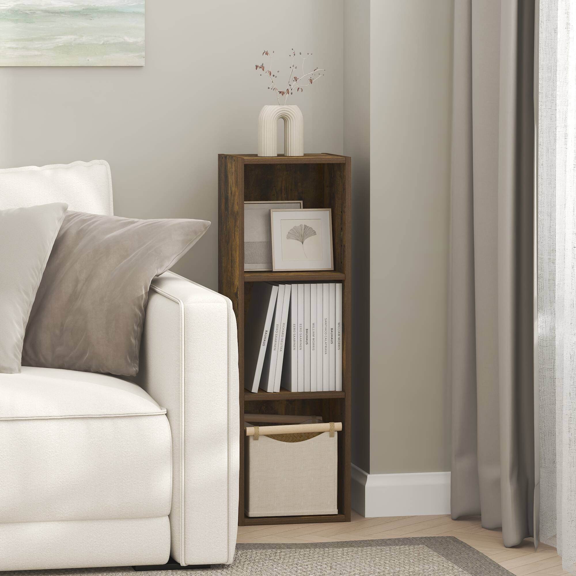 Front. Furinno - FULDA Book Shelf, Narrow Bookshelf, Bookcase with 10-In Width Storage Shelf, for Living Room, Bedroom, Home Office - Amber Pine.