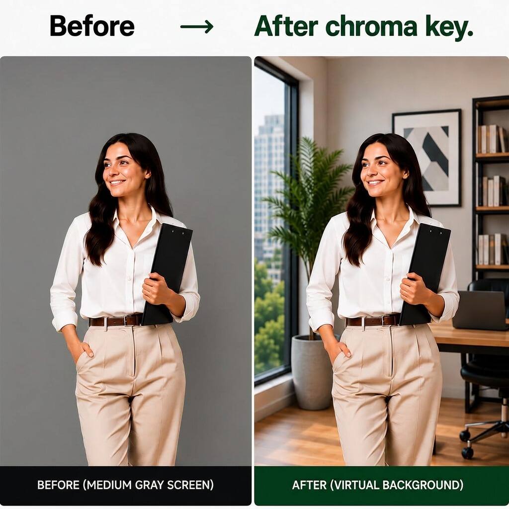 Before  
After chroma key.  

BEFORE (MEDIUM GRAY SCREEN)  
AFTER (VIRTUAL BACKGROUND)
