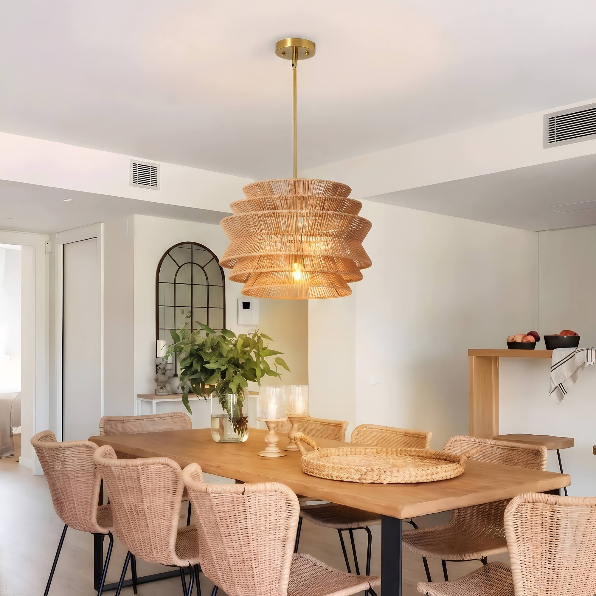Left. Malletson - 17.3" Rattan Pendant Light, Handwoven Wicker Chandelier, Layered Drum Shade Ceiling Fixture for Kitchen Island & Dining.