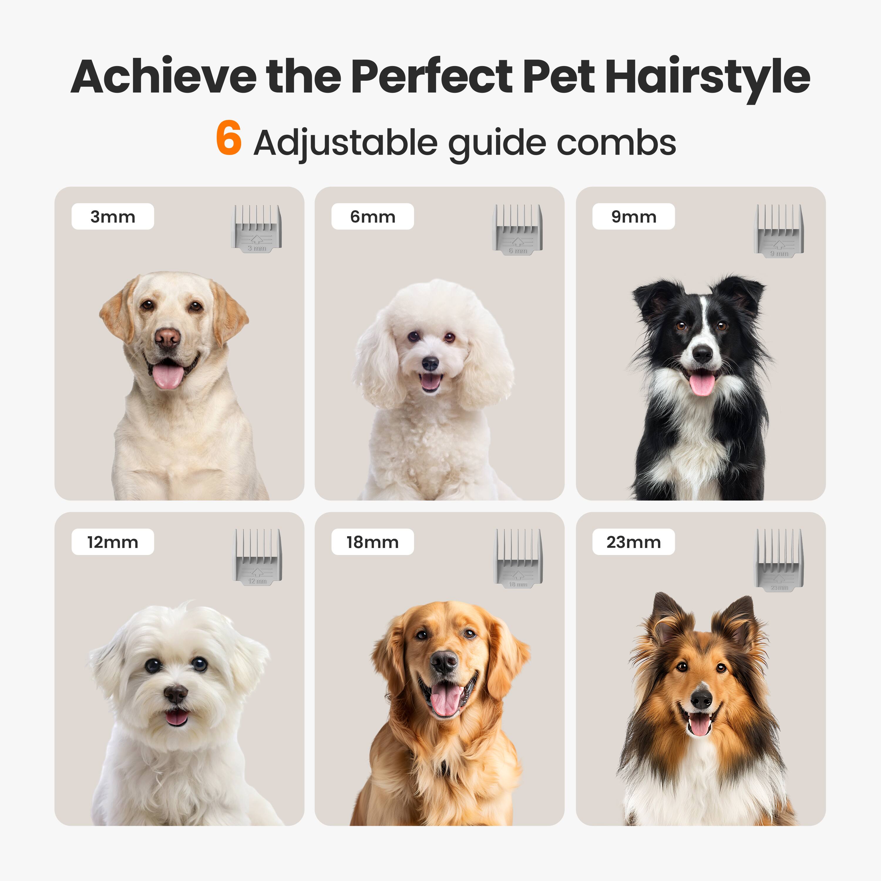 Achieve the Perfect Pet Hairstyle  
6 Adjustable guide combs  
3mm  
6mm  
9mm  
12mm  
18mm  
23mm