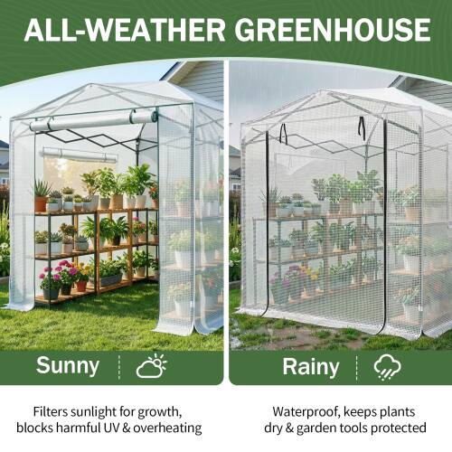 ALL-WEATHER GREENHOUSE

Sunny  
Filters sunlight for growth, blocks harmful UV & overheating

Rainy  
Waterproof, keeps plants dry & garden tools protected
