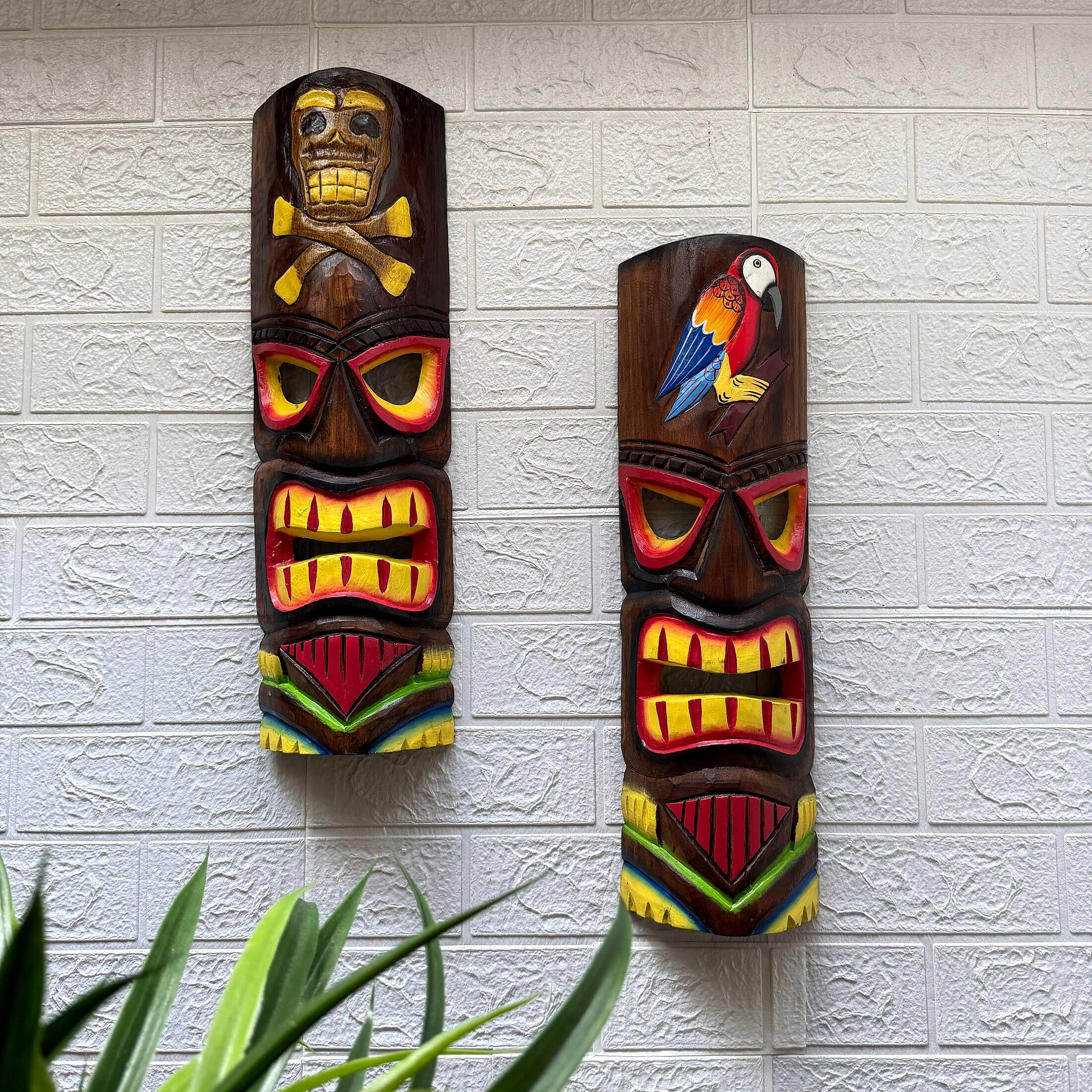 Alt View 5. Things2Die4 - Set of 2 Tiki Wall Masks Hand Carved Wood 19.75 in Parrot Skull Decor - Brown.