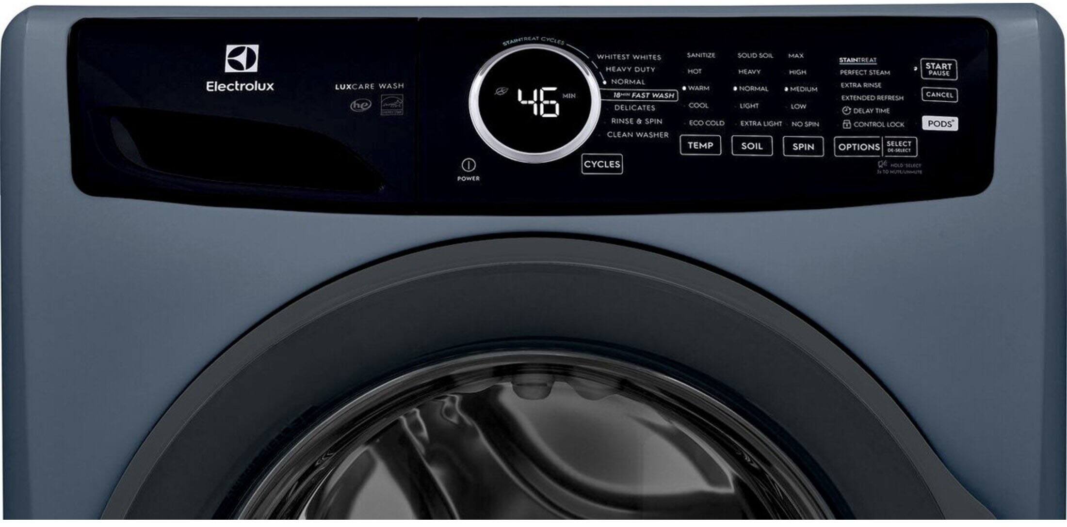 Electrolux LUXCARE WASH CYCLES:  
- WHITEST WHITES  
- SANITIZE  
- HEAVY DUTY  
- HOT  
- NORMAL  
- WARM  
- 18 FAST WASH  
- DELICATES  
- COOL  
- RINSE & SPIN  
- ECO COLD  
- CLEAN WASHER  
- TEMP  
- SOIL  
- SPIN  
- STAINTREAT  
- START  
- PERFECT STEAM  
- PAUSE  
- EXTRA RINSE  
- EXTENDED  
- CANCEL  
- REFRESH  
- DELAY TIME  
- CONTROL LOCK  
- PODS  
- SELECT OPTIONS  

TEMP:  
- HOT  
- WARM  
- COOL  
- COLD  

SOIL:  
- MAX  
- HEAVY  
- HIGH  
- NORMAL  
- MEDIUM  
- LIGHT  
- EXTRA LIGHT  
- NO SPIN  

SPIN:  
- HIGH  
- NORMAL  
- LOW  

OPTIONS:  
- START  
- PERFECT STEAM  
- DELAY THE START  
- CONTROL LOCK  
- PODS  

MODEL: D6-S6LBCT  
POWER CYCLES SOLD